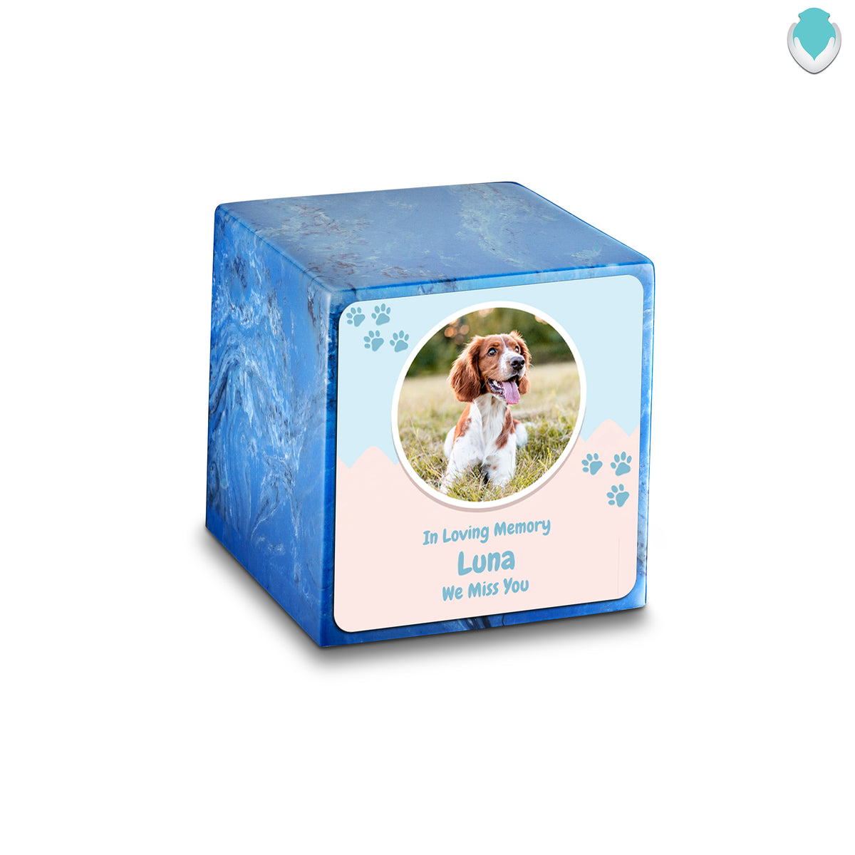 Small Cube Pet Portrait Mystic Blue Cultured Marble Pet Cremation Urn by MacKenzie