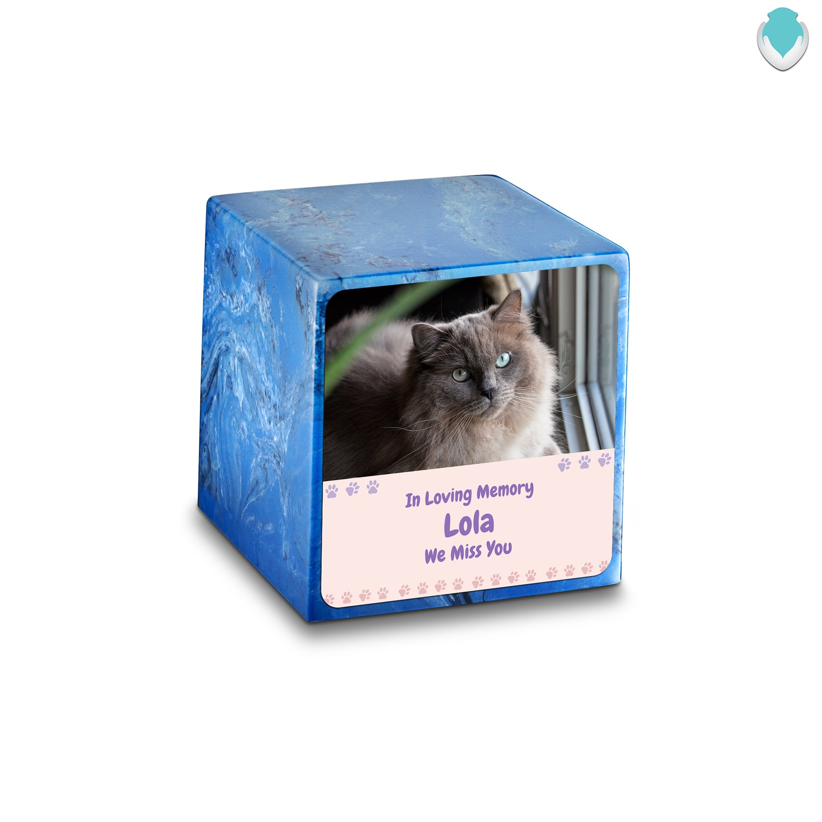 Small Cube Pet Photo Memorial Mystic Blue Cultured Marble Pet Cremation Urn by MacKenzie