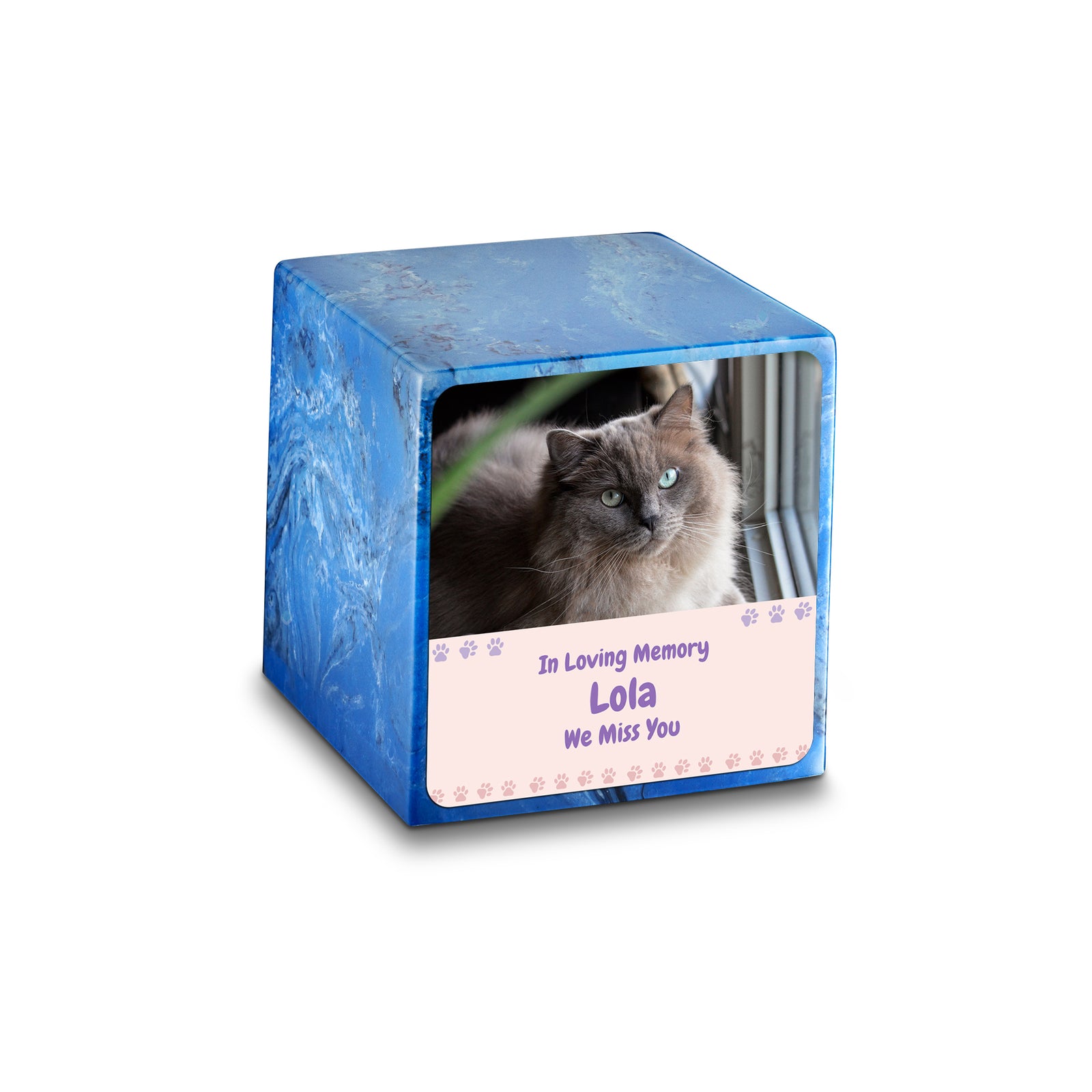 Small Cube Pet Photo Memorial Mystic Blue Cultured Marble Pet Cremation Urn by MacKenzie