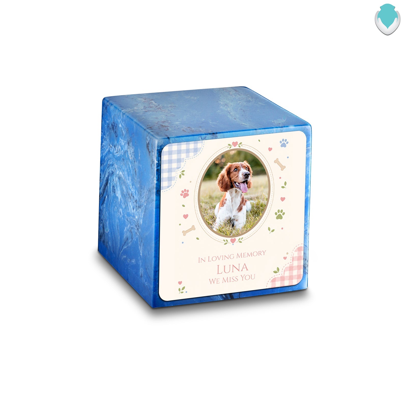 Small Cube Custom Pet Memorial Mystic Blue Cultured Marble Pet Cremation Urn by MacKenzie