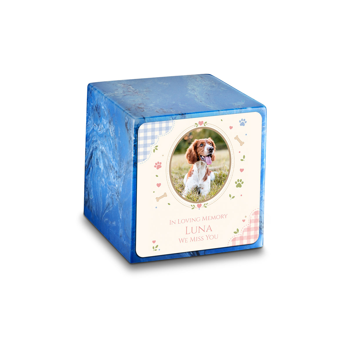 Small Cube Custom Pet Memorial Mystic Blue Cultured Marble Pet Cremation Urn by MacKenzie