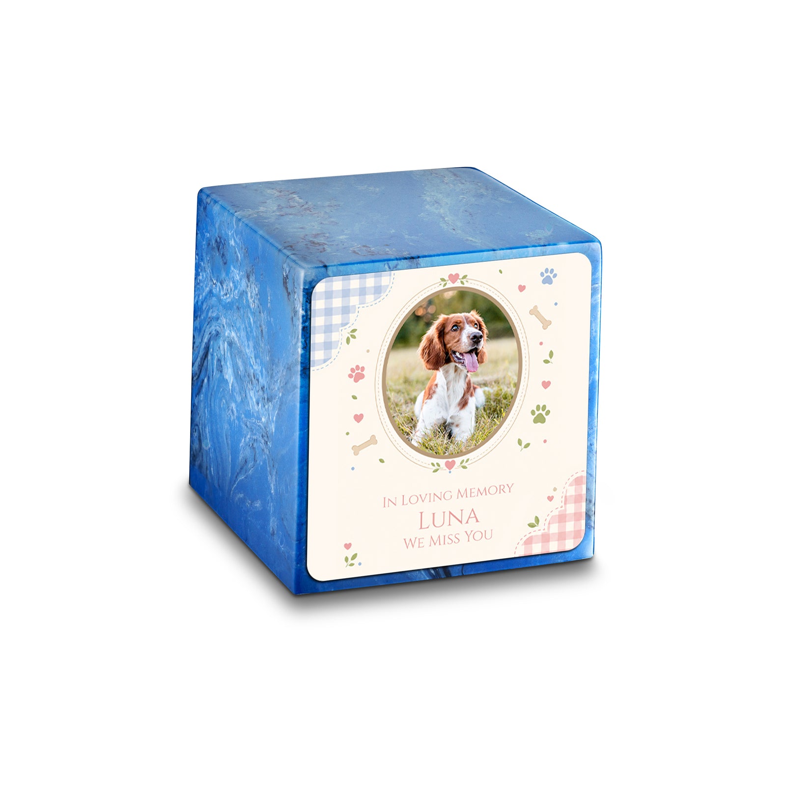 Small Cube Custom Pet Memorial Mystic Blue Cultured Marble Pet Cremation Urn by MacKenzie