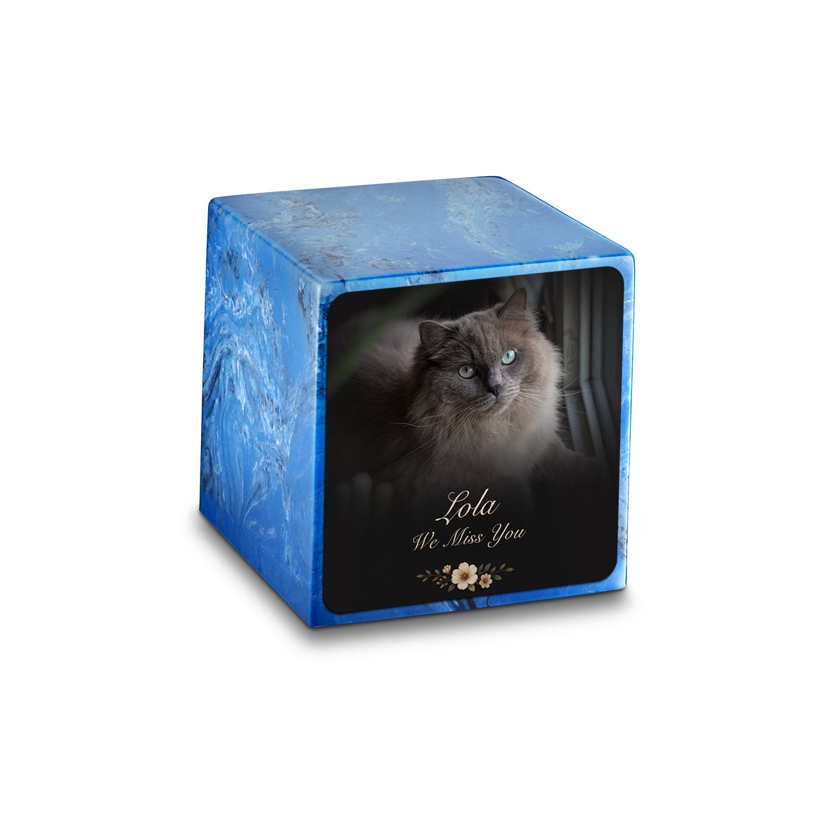 Small Cube Pet Portrait Photo Mystic Blue Cultured Marble Pet Cremation Urn by MacKenzie