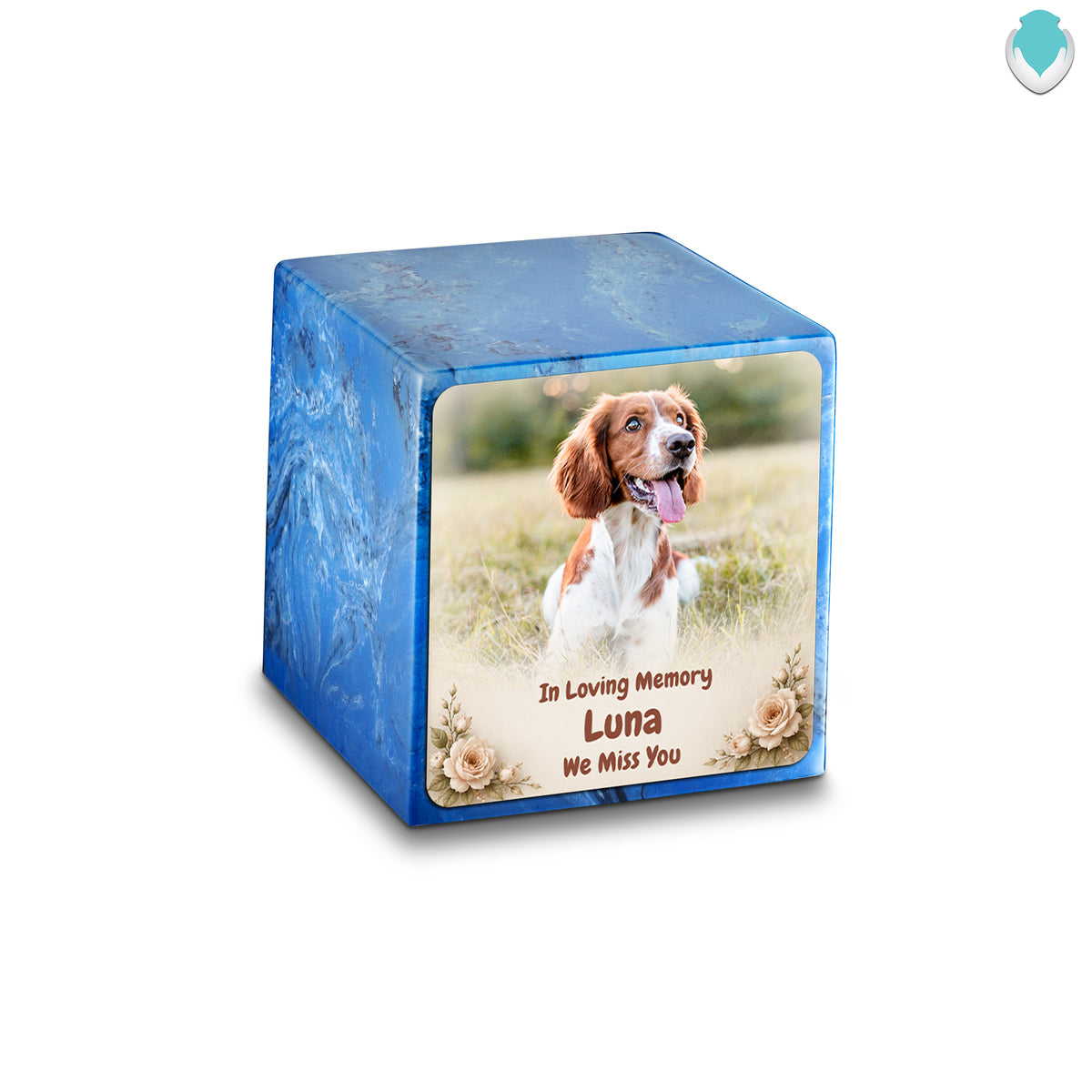 Small Cube Personalized Pet Photo Mystic Blue Cultured Marble Pet Cremation Urn by MacKenzie