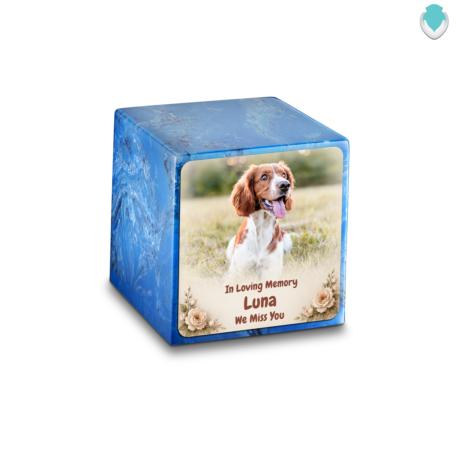 Small Cube Personalized Pet Photo Mystic Blue Cultured Marble Pet Cremation Urn by MacKenzie