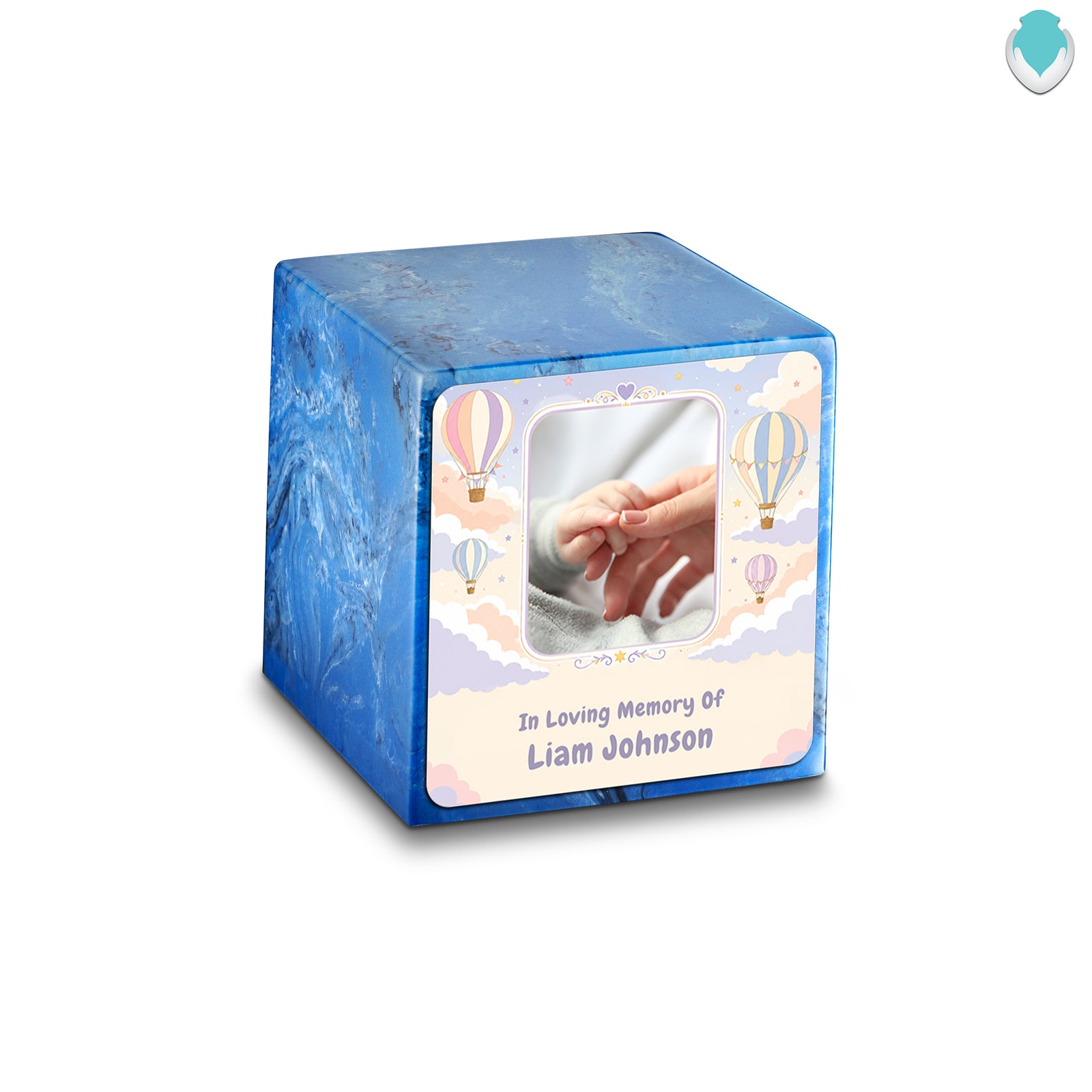 Small Cube Hot Air Balloons Mystic Blue Cultured Marble Child Cremation Urn by MacKenzie