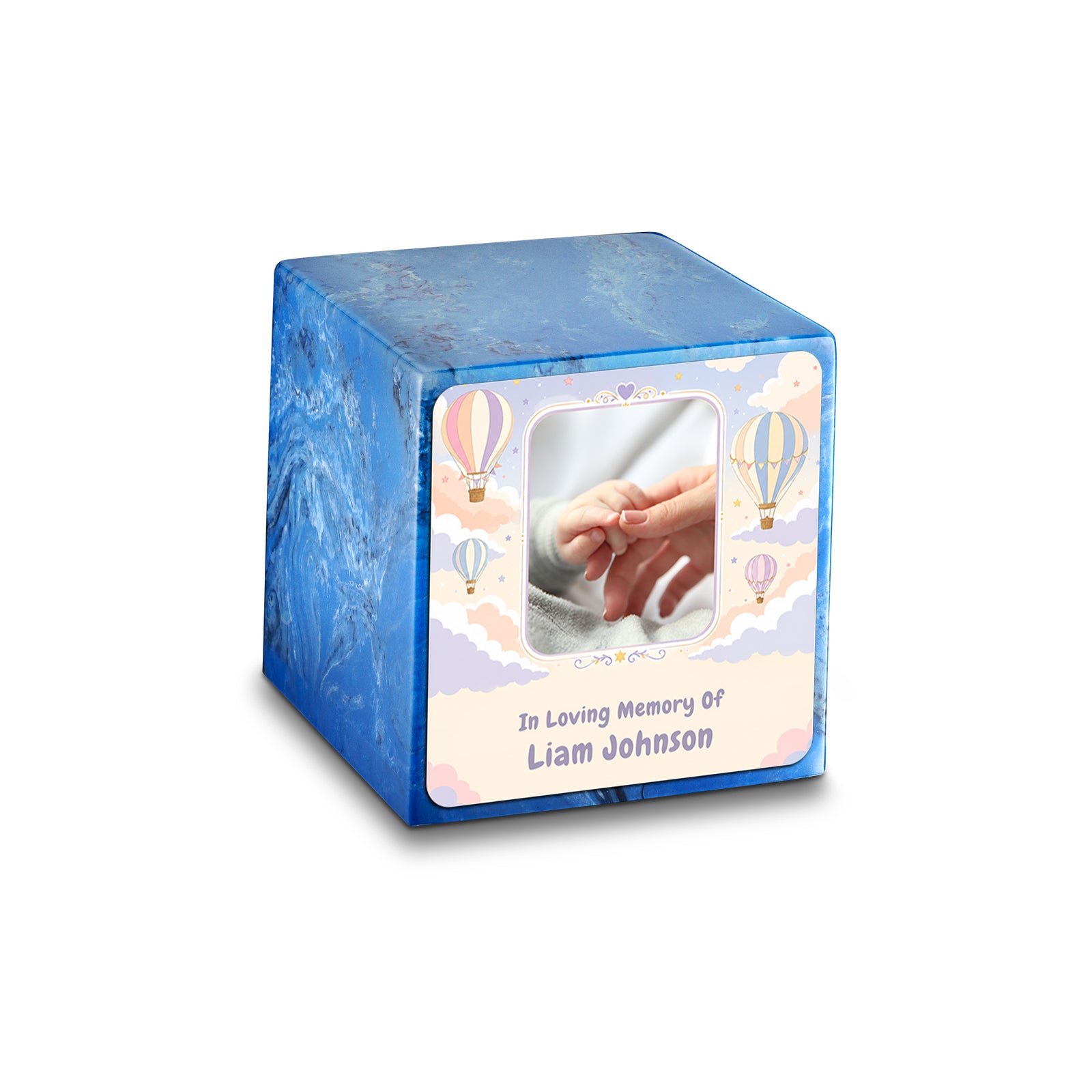 Small Cube Hot Air Balloons Mystic Blue Cultured Marble Child Cremation Urn by MacKenzie
