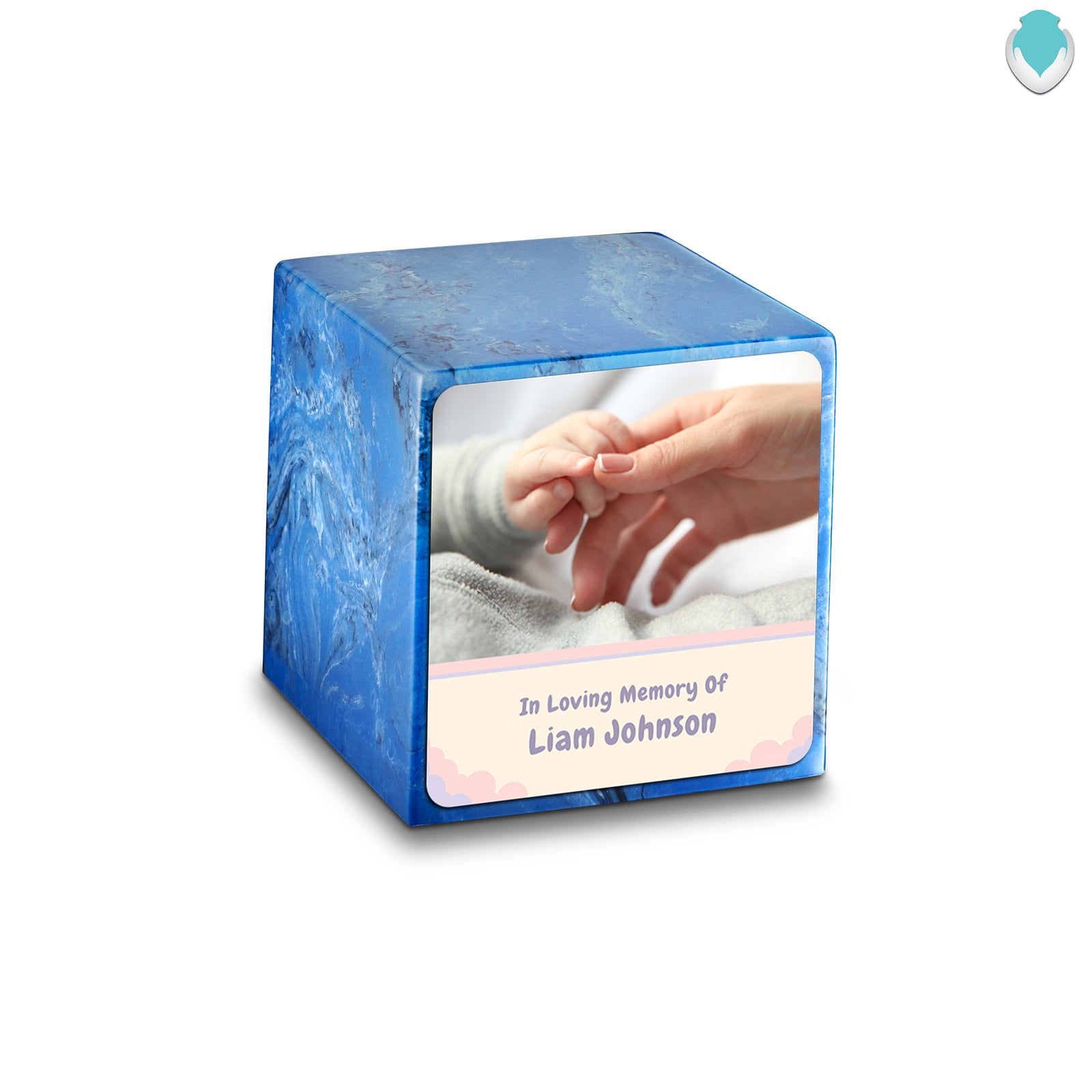 Small Cube Classic Photo Mystic Blue Cultured Marble Child Cremation Urn by MacKenzie