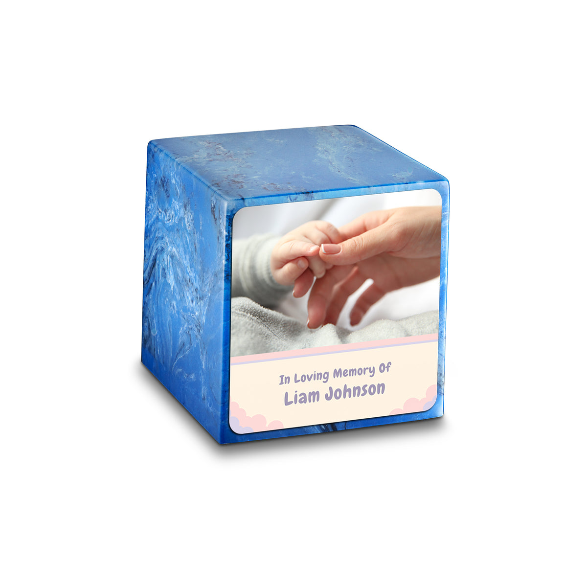 Small Cube Classic Photo Mystic Blue Cultured Marble Child Cremation Urn by MacKenzie