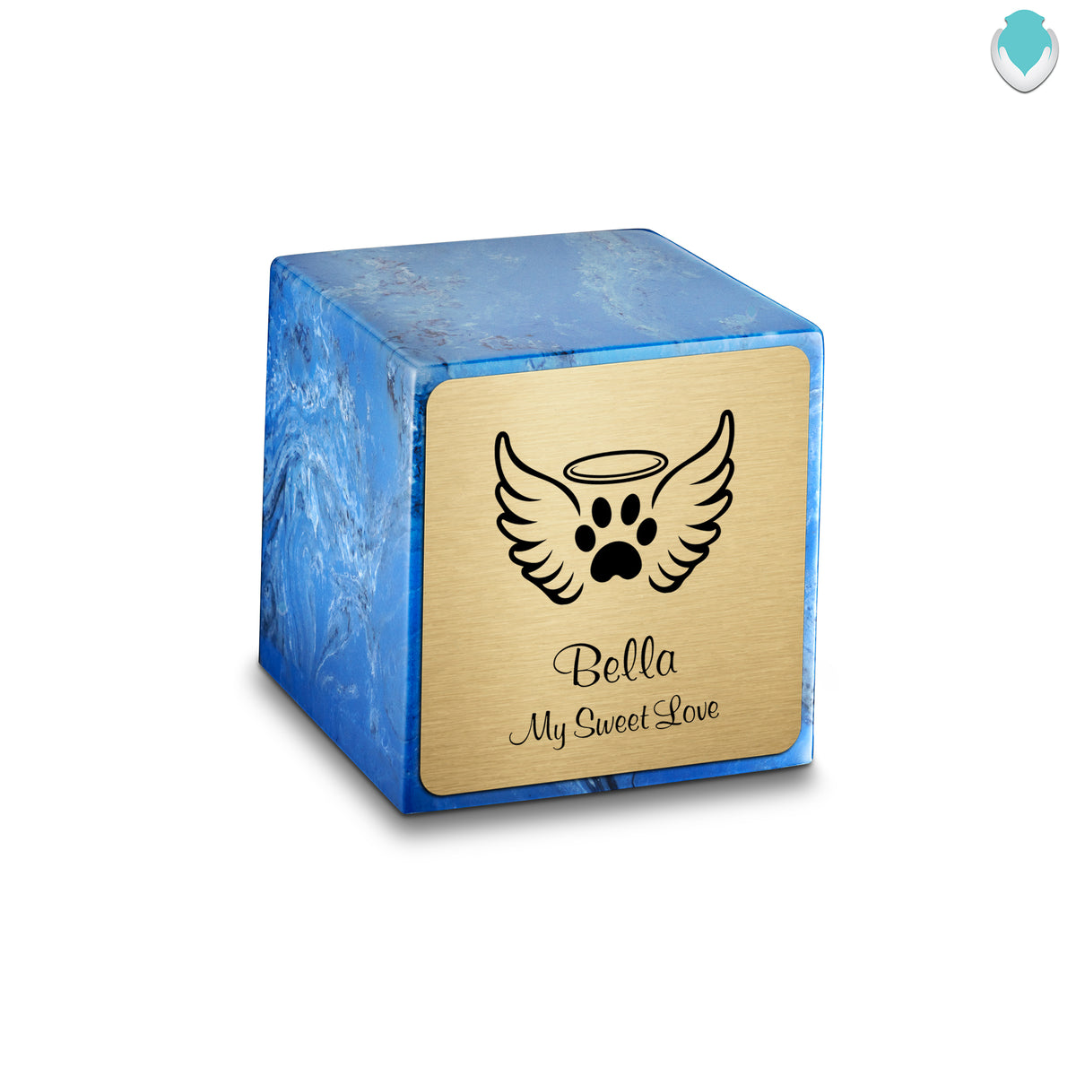 Small Cube Angel Wings Mystic Blue Cultured Marble Pet Cremation Urn by MacKenzie