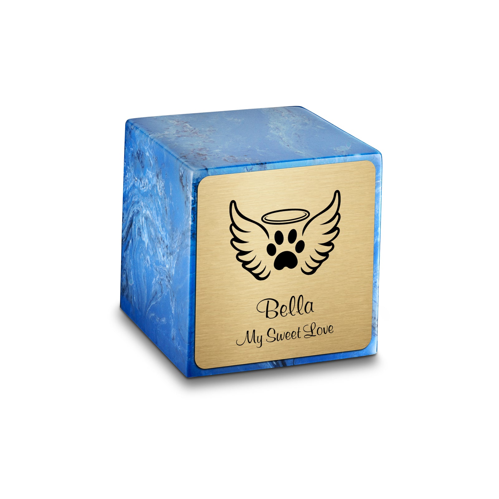 Small Cube Angel Wings Mystic Blue Cultured Marble Pet Cremation Urn by MacKenzie