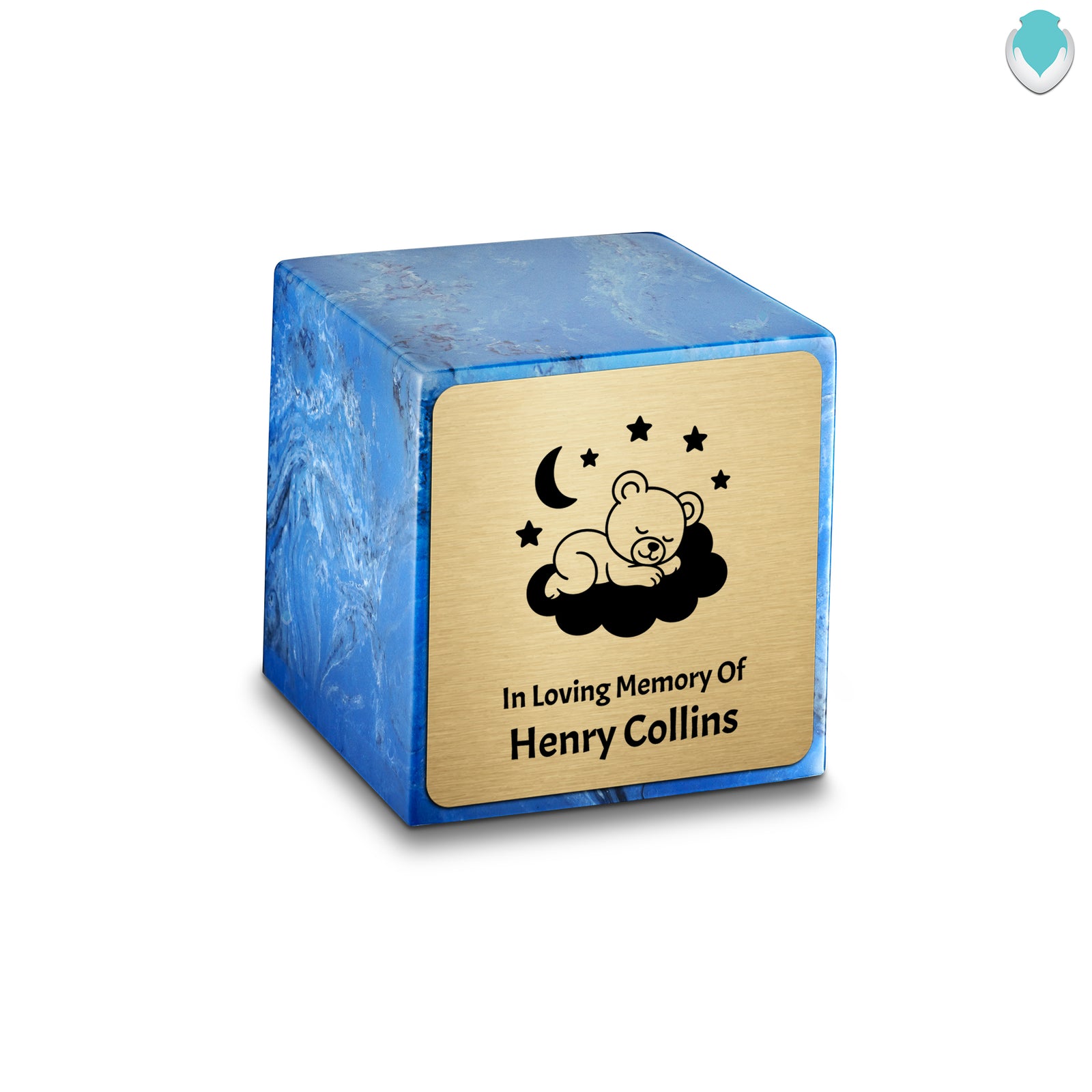 Small Cube Sleeping Teddy Mystic Blue Cultured Marble Child Cremation Urn by MacKenzie