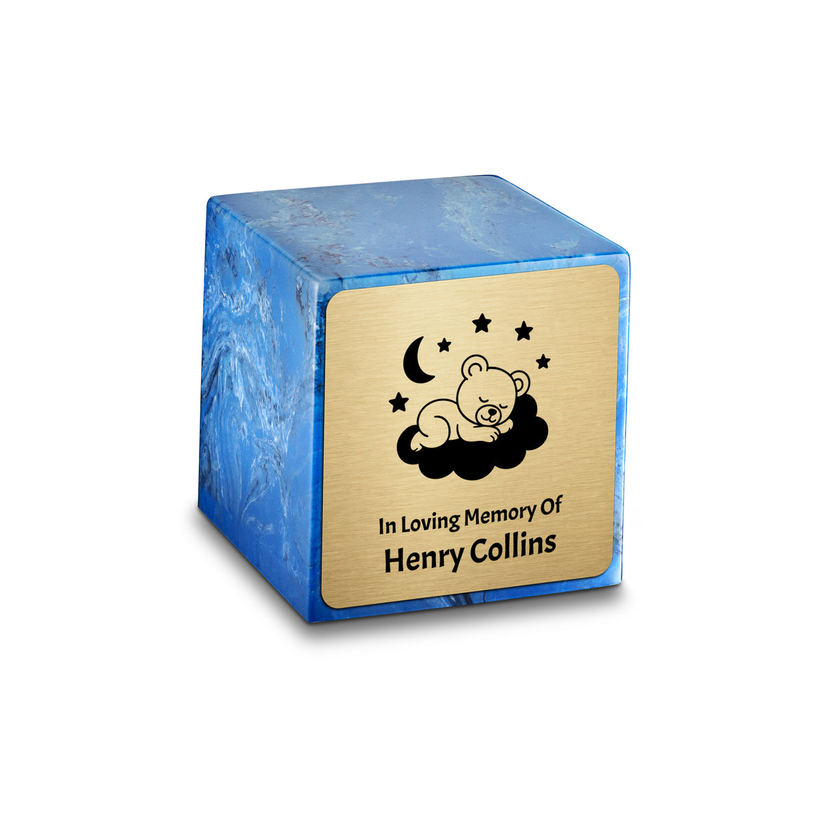 Small Cube Sleeping Teddy Mystic Blue Cultured Marble Child Cremation Urn by MacKenzie