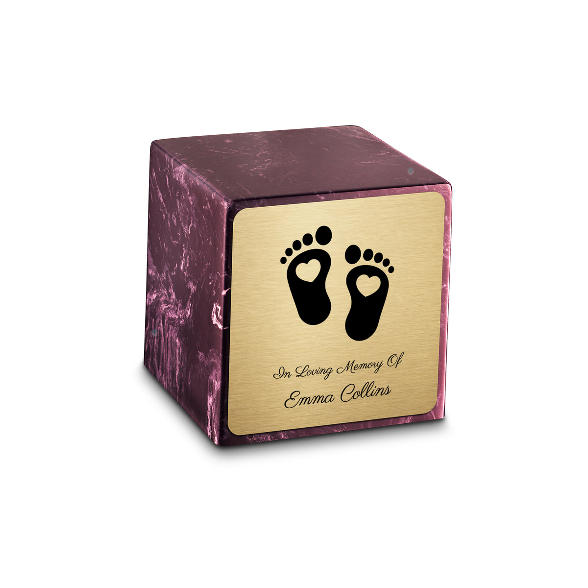 Small Cube Loving Heart Feet Merlot Cultured Marble Child Cremation Urn by MacKenzie