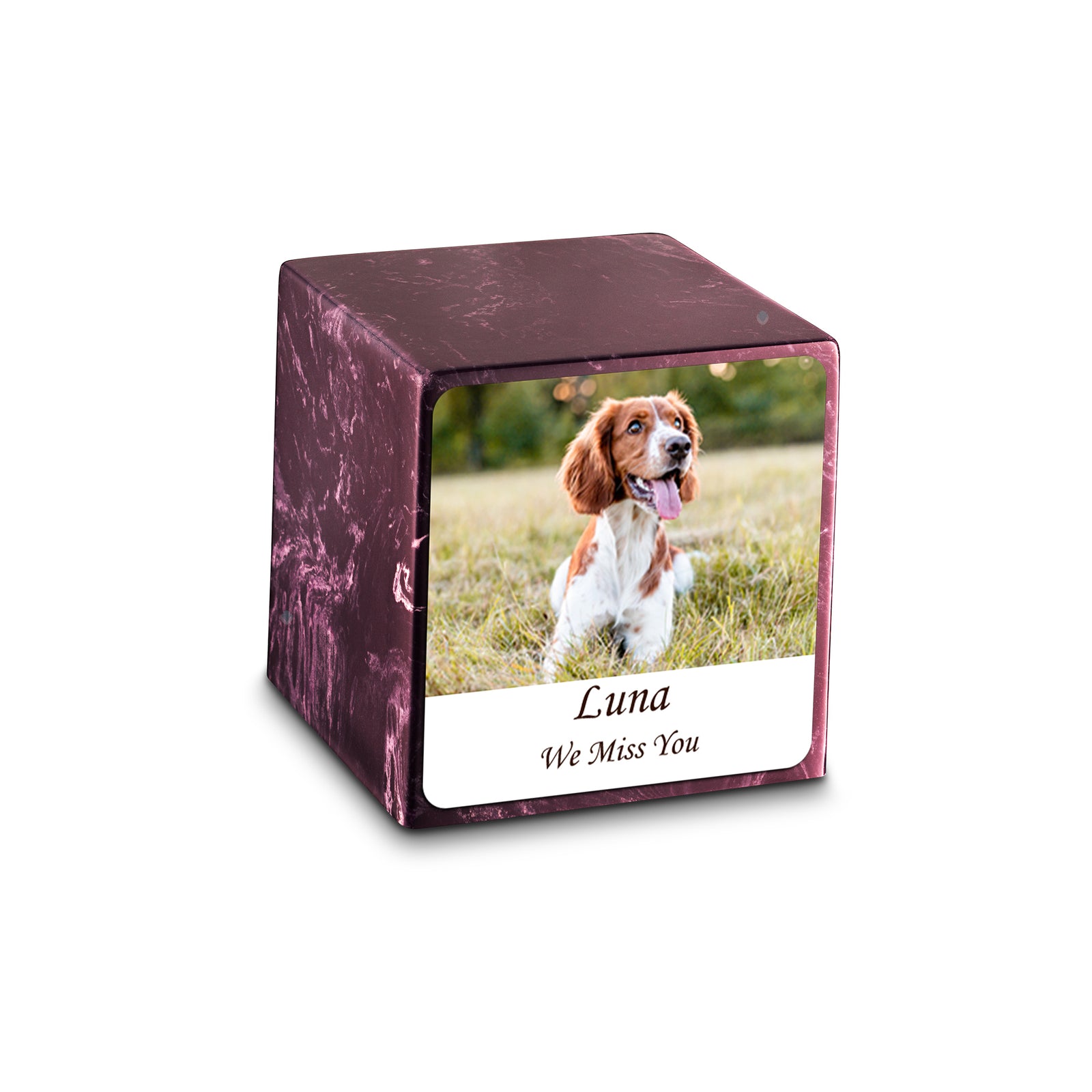 Small Cube Custom Pet Photo Merlot Cultured Marble Pet Cremation Urn by MacKenzie