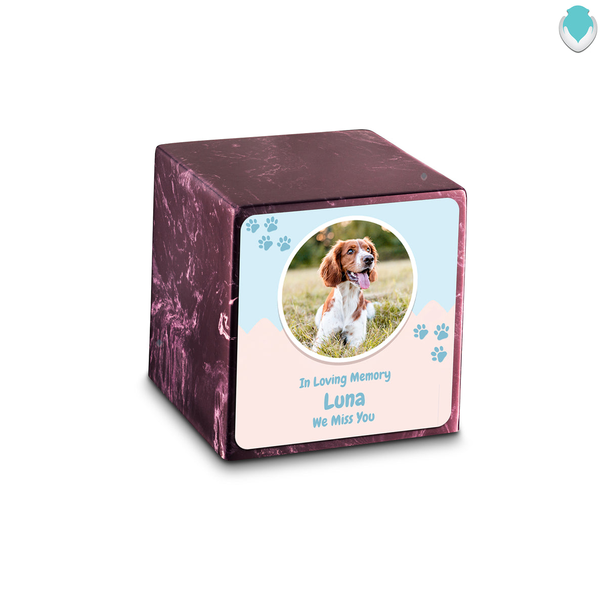 Small Cube Pet Portrait Merlot Cultured Marble Pet Cremation Urn by MacKenzie
