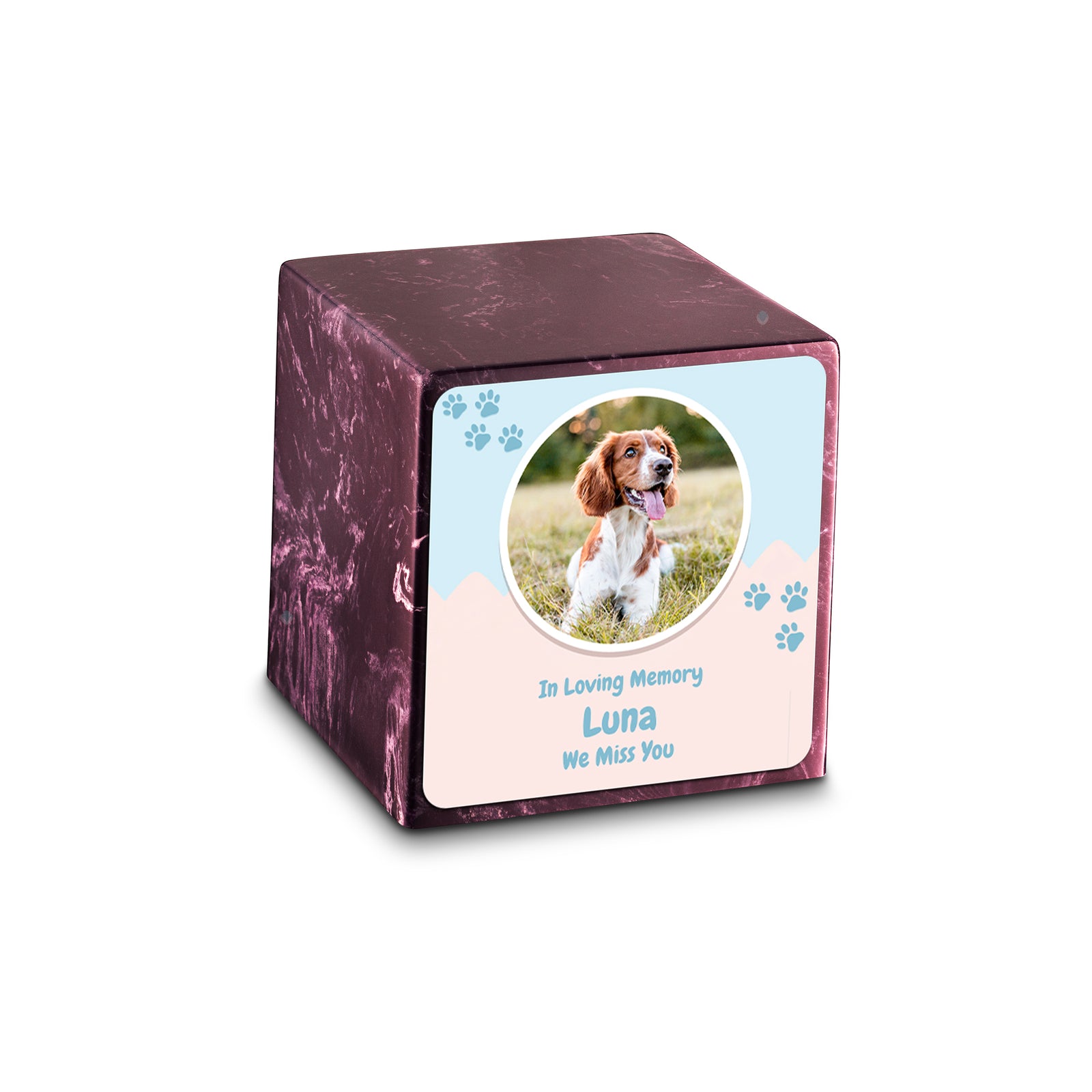 Small Cube Pet Portrait Merlot Cultured Marble Pet Cremation Urn by MacKenzie