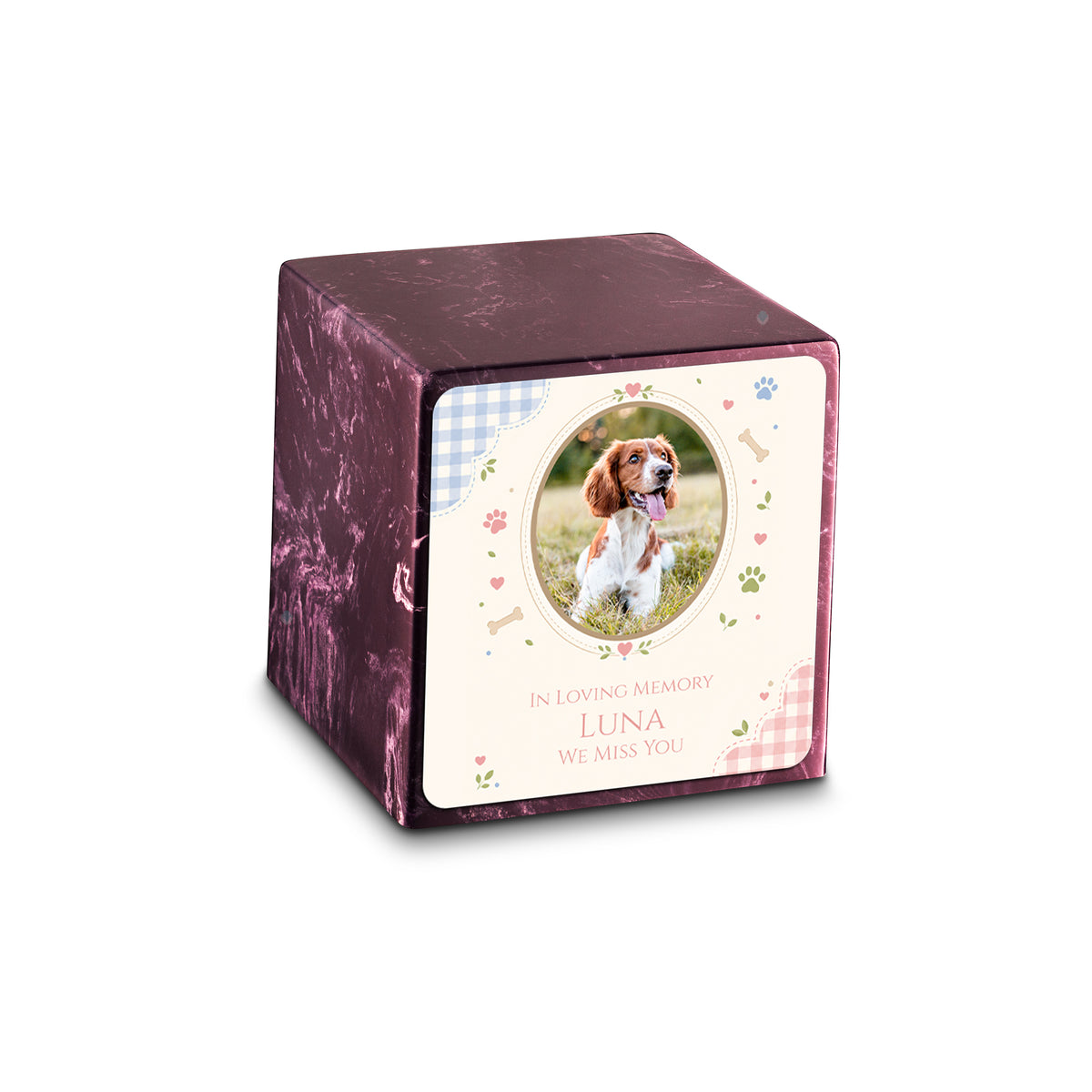 Small Cube Custom Pet Memorial Merlot Cultured Marble Pet Cremation Urn by MacKenzie