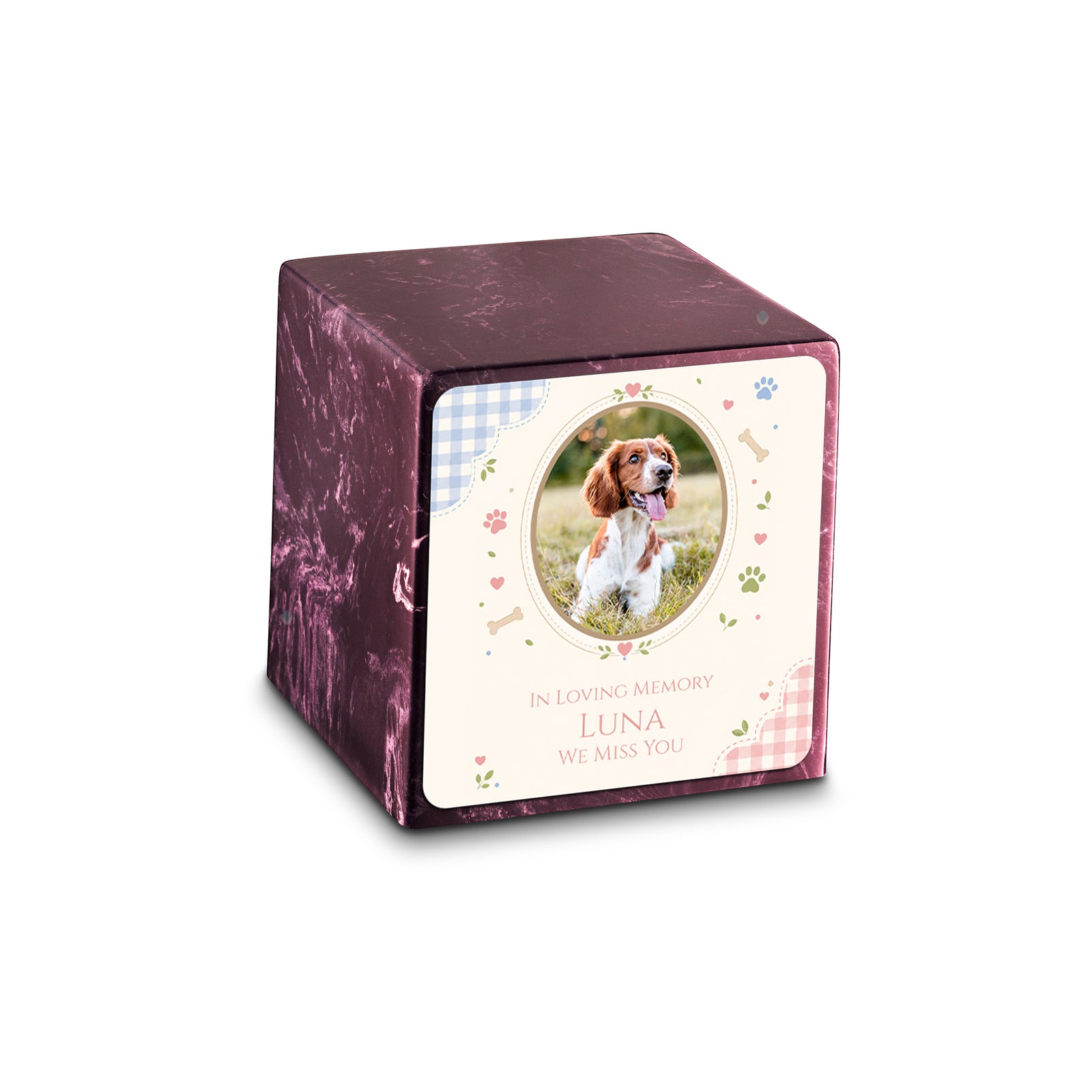 Small Cube Custom Pet Memorial Merlot Cultured Marble Pet Cremation Urn by MacKenzie