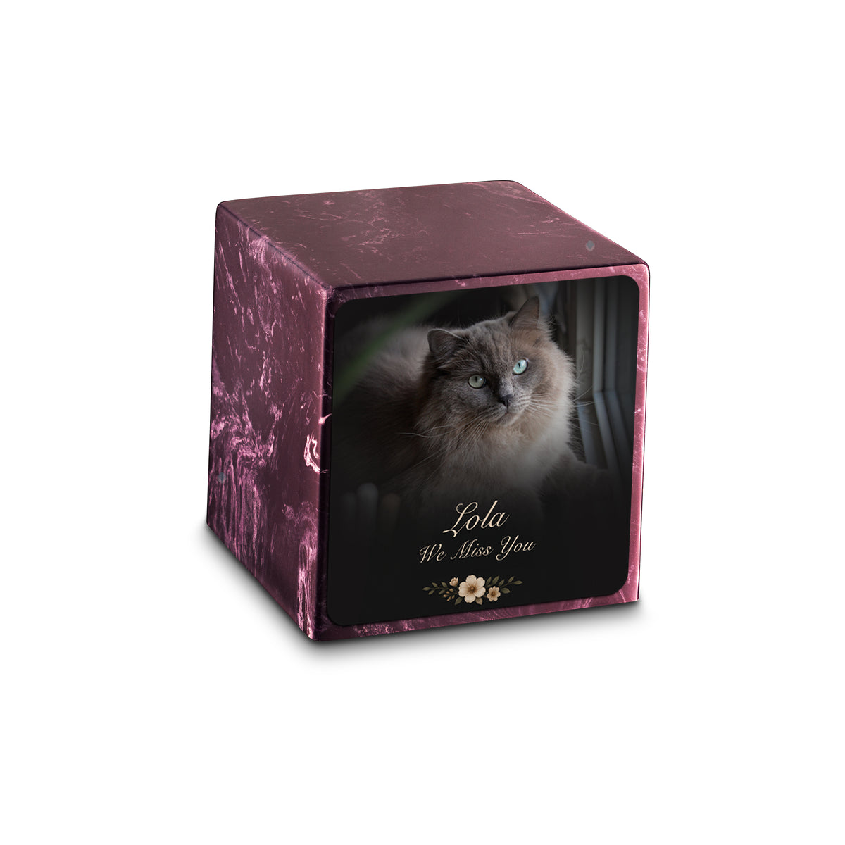 Small Cube Pet Portrait Photo Merlot Cultured Marble Pet Cremation Urn by MacKenzie