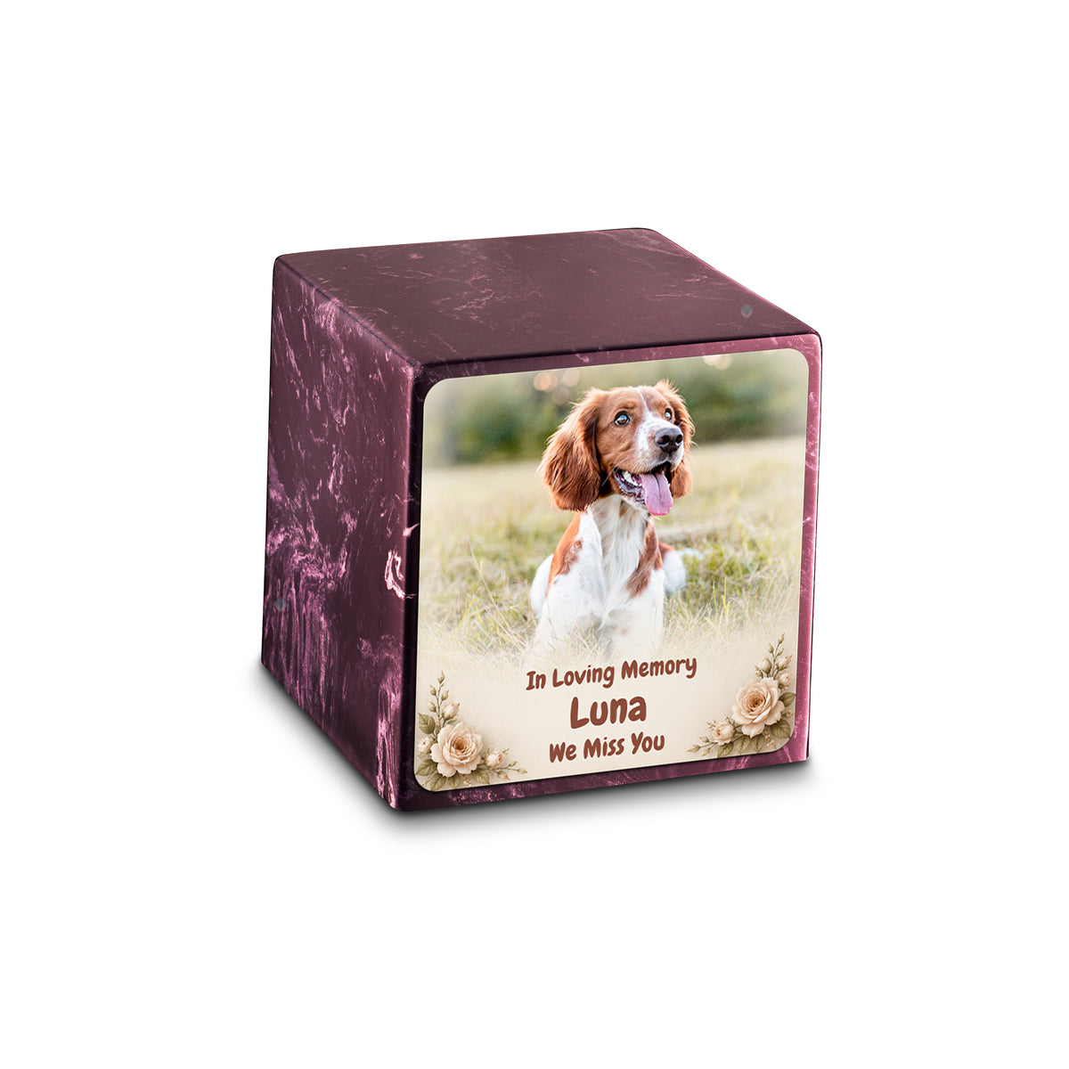 Small Cube Personalized Pet Photo Merlot Cultured Marble Pet Cremation Urn by MacKenzie