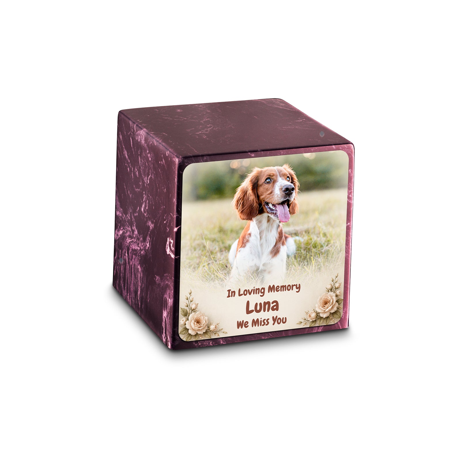 Small Cube Personalized Pet Photo Merlot Cultured Marble Pet Cremation Urn by MacKenzie