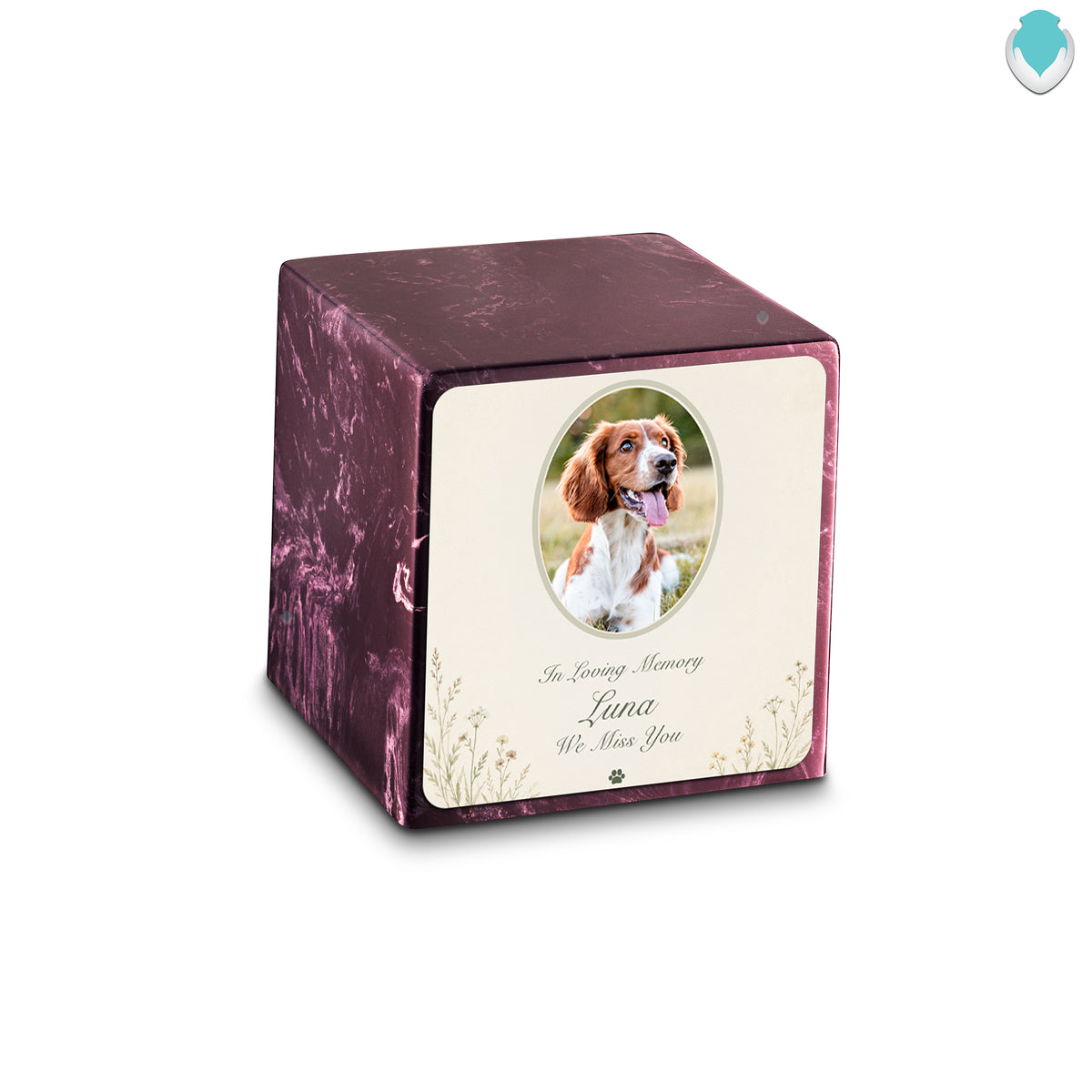 Small Cube Pet Portrait Tribute Merlot Cultured Marble Pet Cremation Urn by MacKenzie