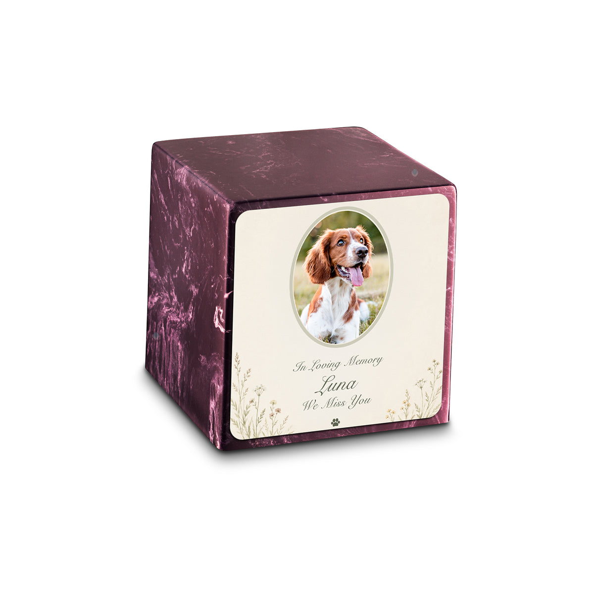 Small Cube Pet Portrait Tribute Merlot Cultured Marble Pet Cremation Urn by MacKenzie