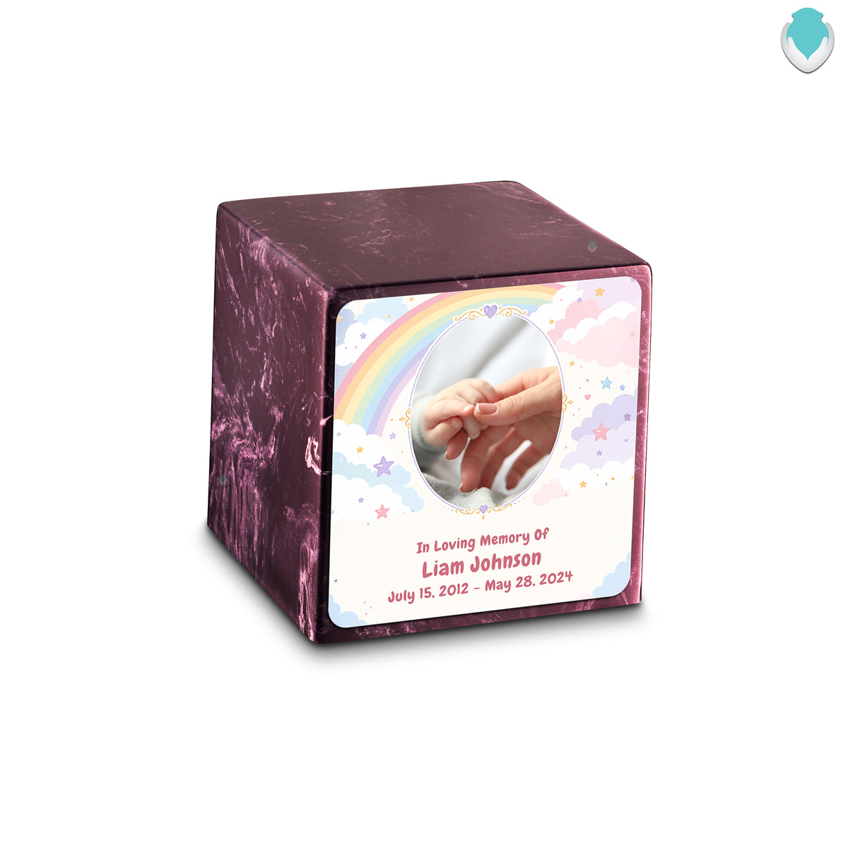 Small Cube Rainbow and Clouds Merlot Cultured Marble Child Cremation Urn by MacKenzie