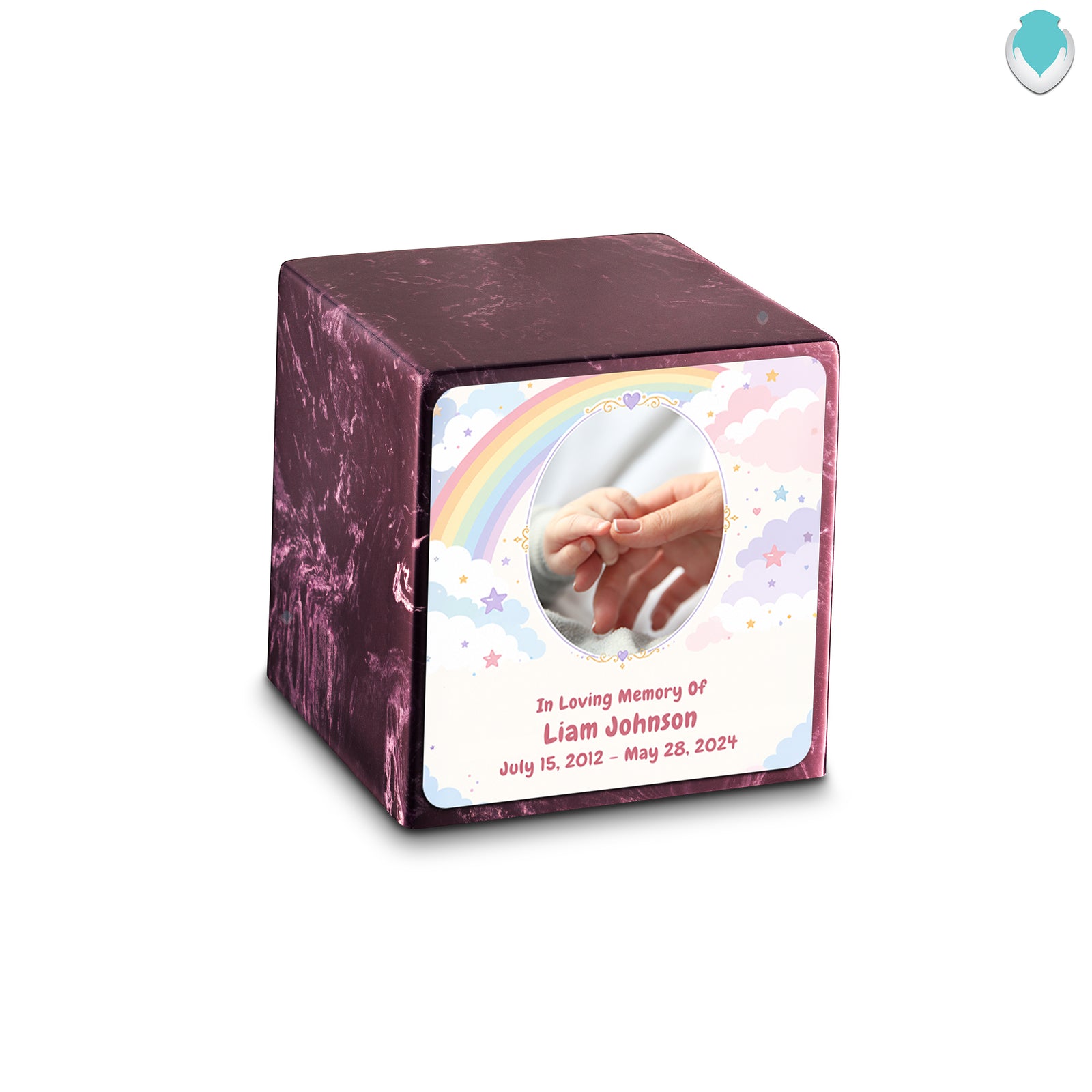 Small Cube Rainbow and Clouds Merlot Cultured Marble Child Cremation Urn by MacKenzie