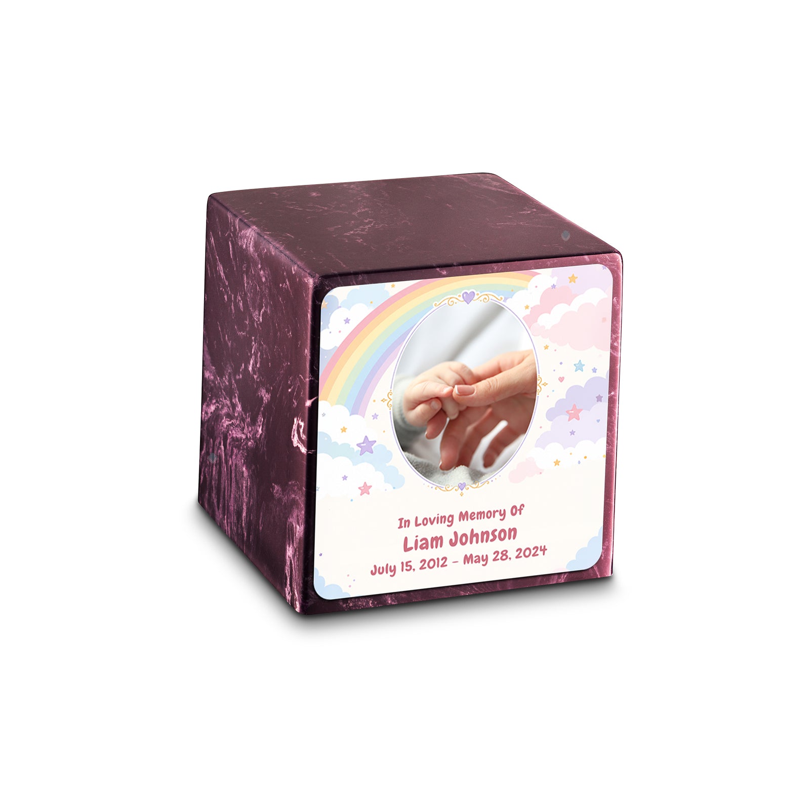 Small Cube Rainbow and Clouds Merlot Cultured Marble Child Cremation Urn by MacKenzie
