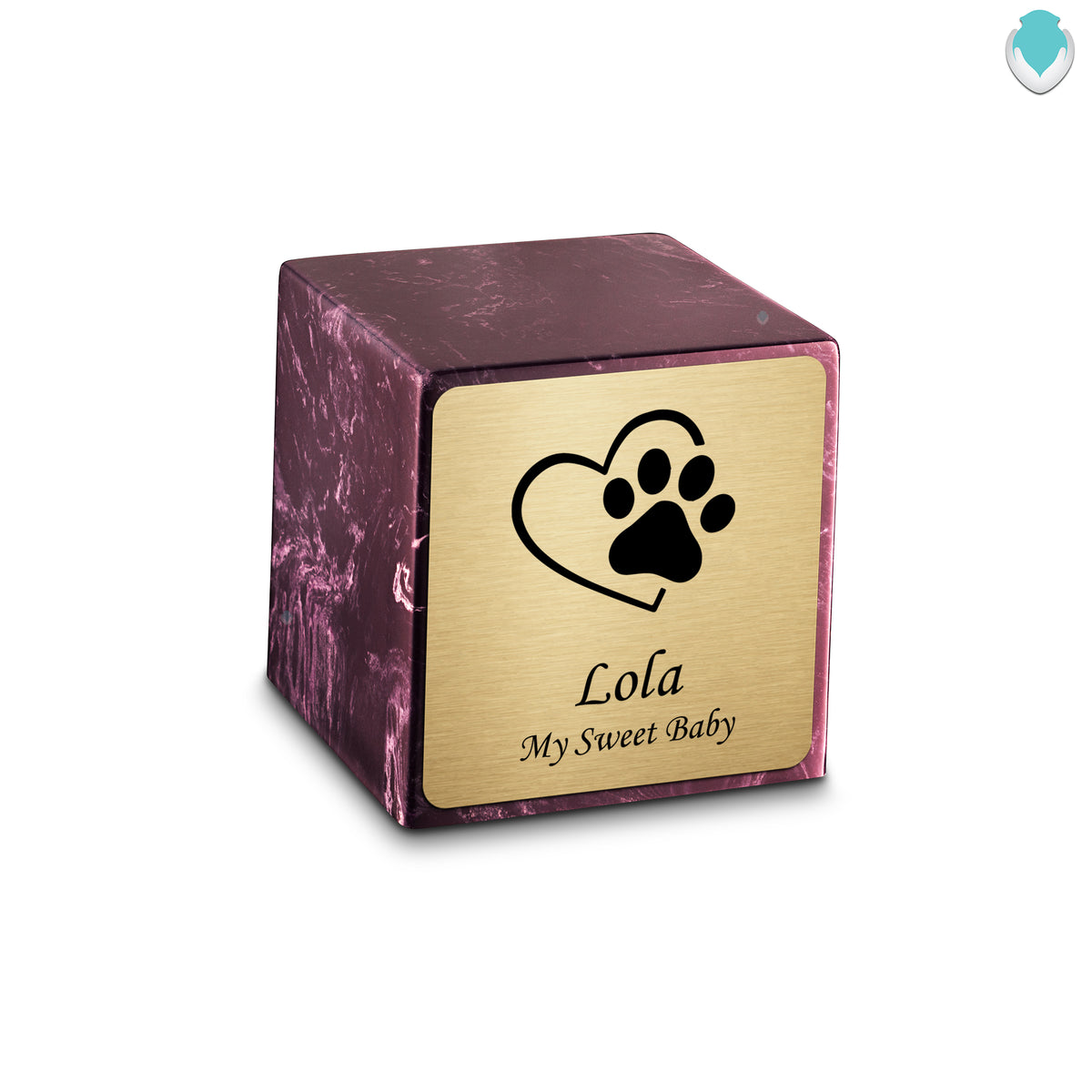 Small Cube Single Heart Paw Merlot Cultured Marble Pet Cremation Urn by MacKenzie