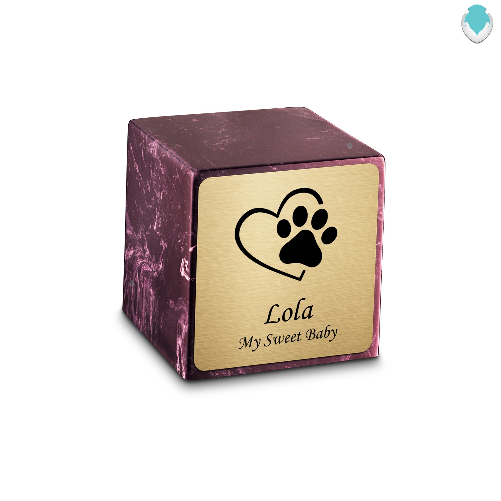 Small Cube Single Heart Paw Merlot Cultured Marble Pet Cremation Urn by MacKenzie