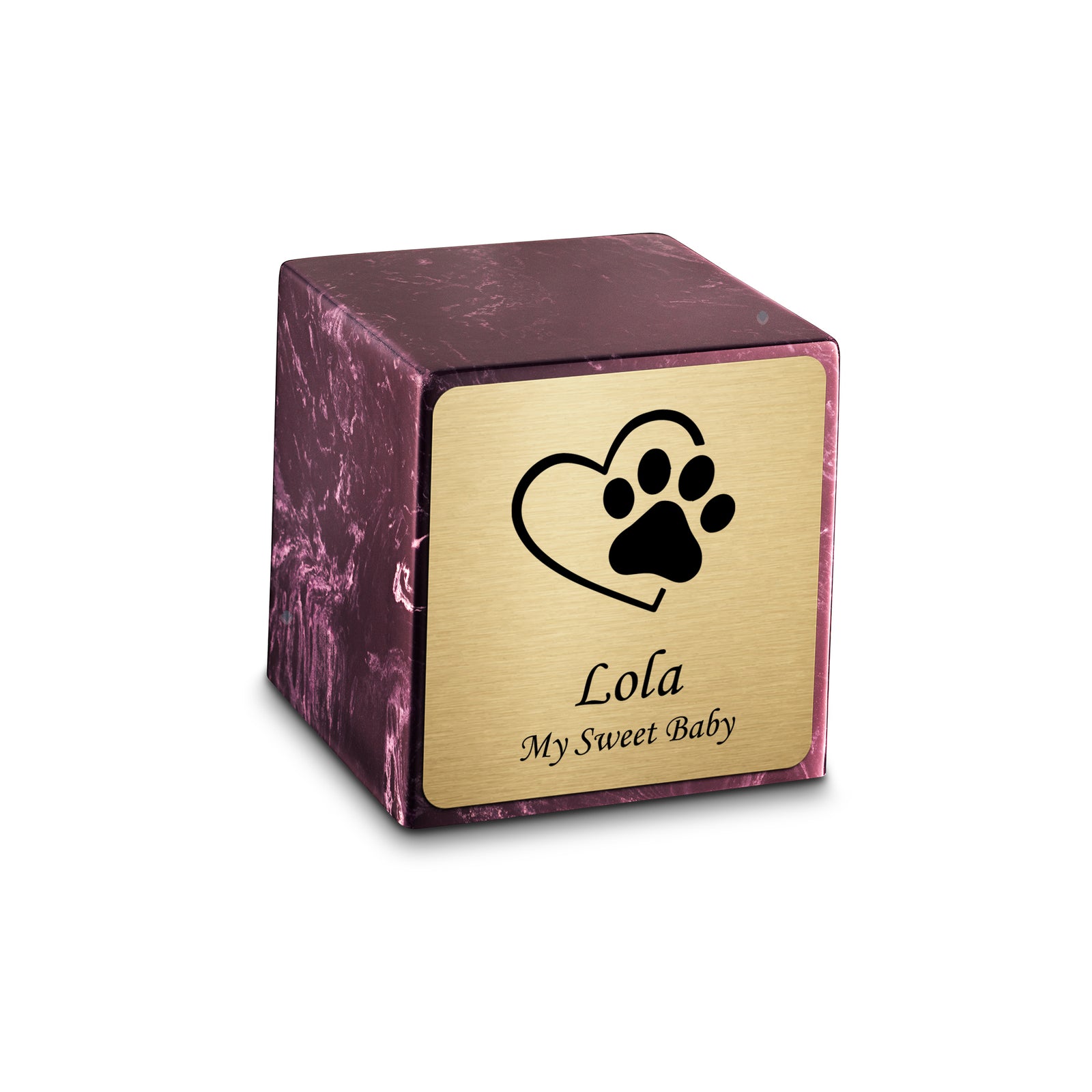 Small Cube Single Heart Paw Merlot Cultured Marble Pet Cremation Urn by MacKenzie