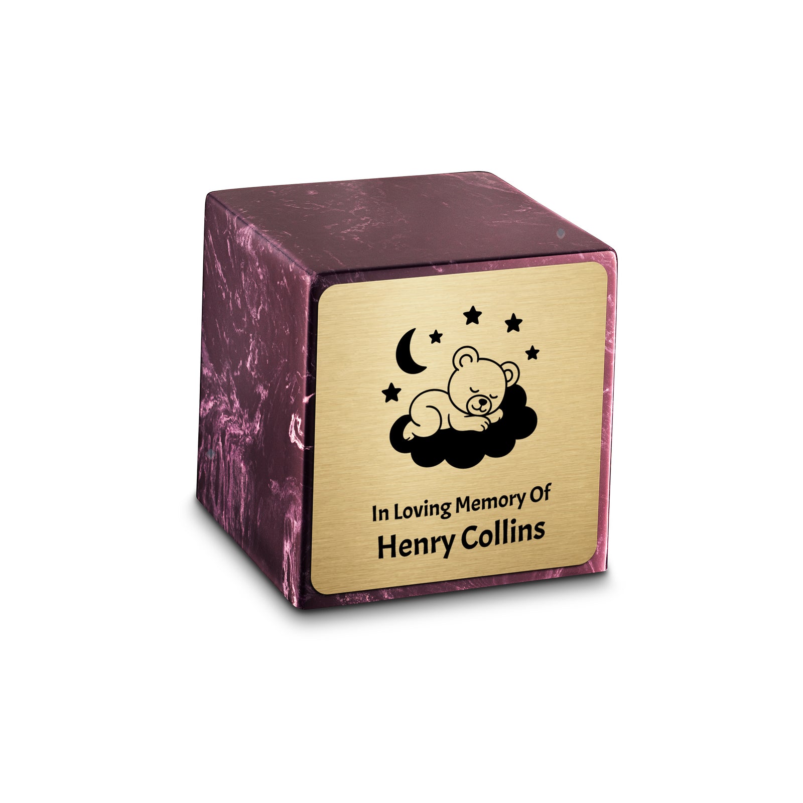 Small Cube Sleeping Teddy Merlot Cultured Marble Child Cremation Urn by MacKenzie