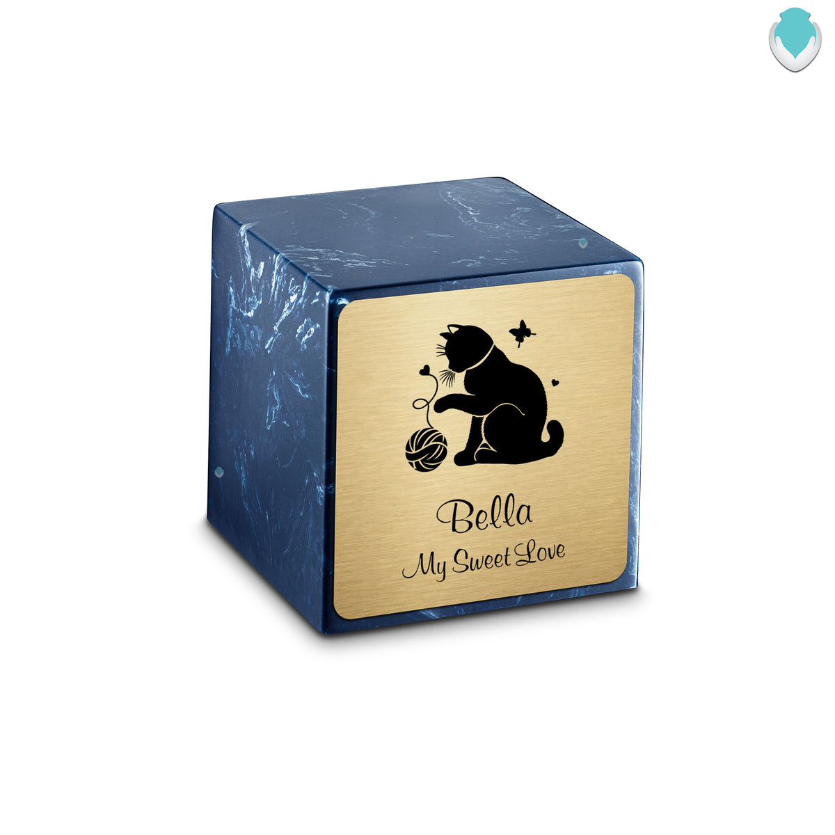 Small Cube Fun Cat Navy Cultured Marble Pet Cremation Urn by MacKenzie