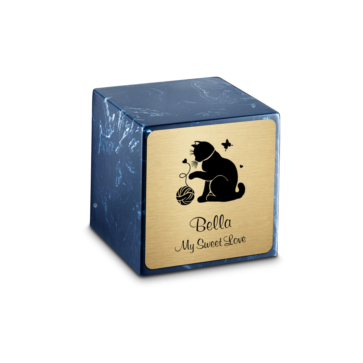 Small Cube Fun Cat Navy Cultured Marble Pet Cremation Urn by MacKenzie