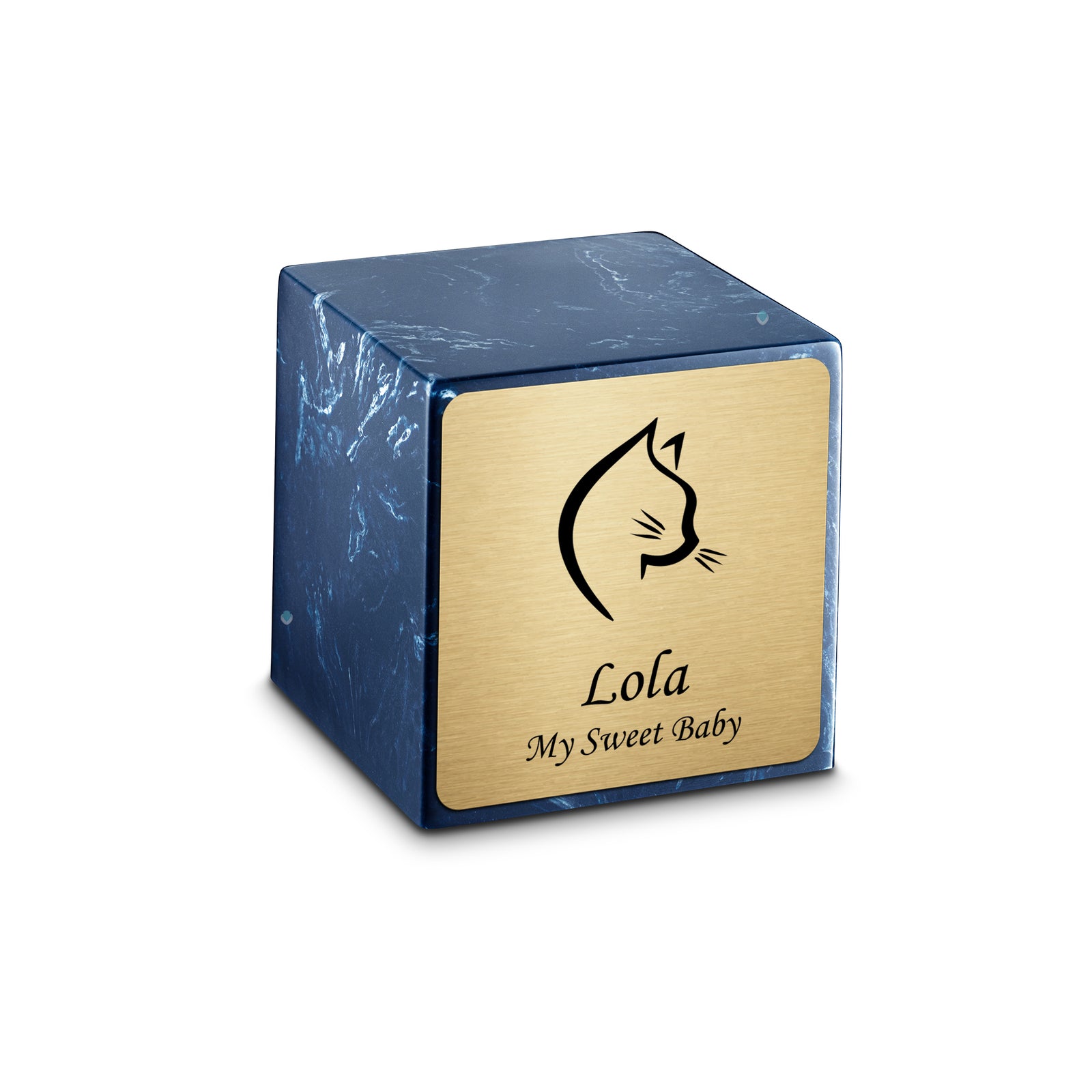 Small Cube Cat Head Navy Cultured Marble Pet Cremation Urn by MacKenzie