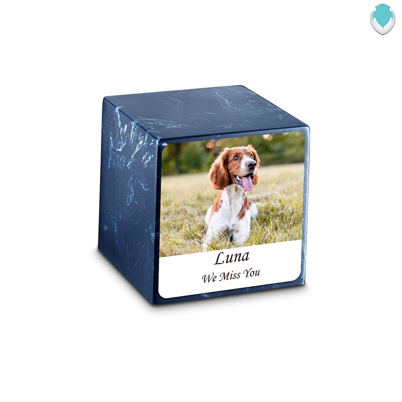 Small Cube Custom Pet Photo Navy Cultured Marble Pet Cremation Urn by MacKenzie