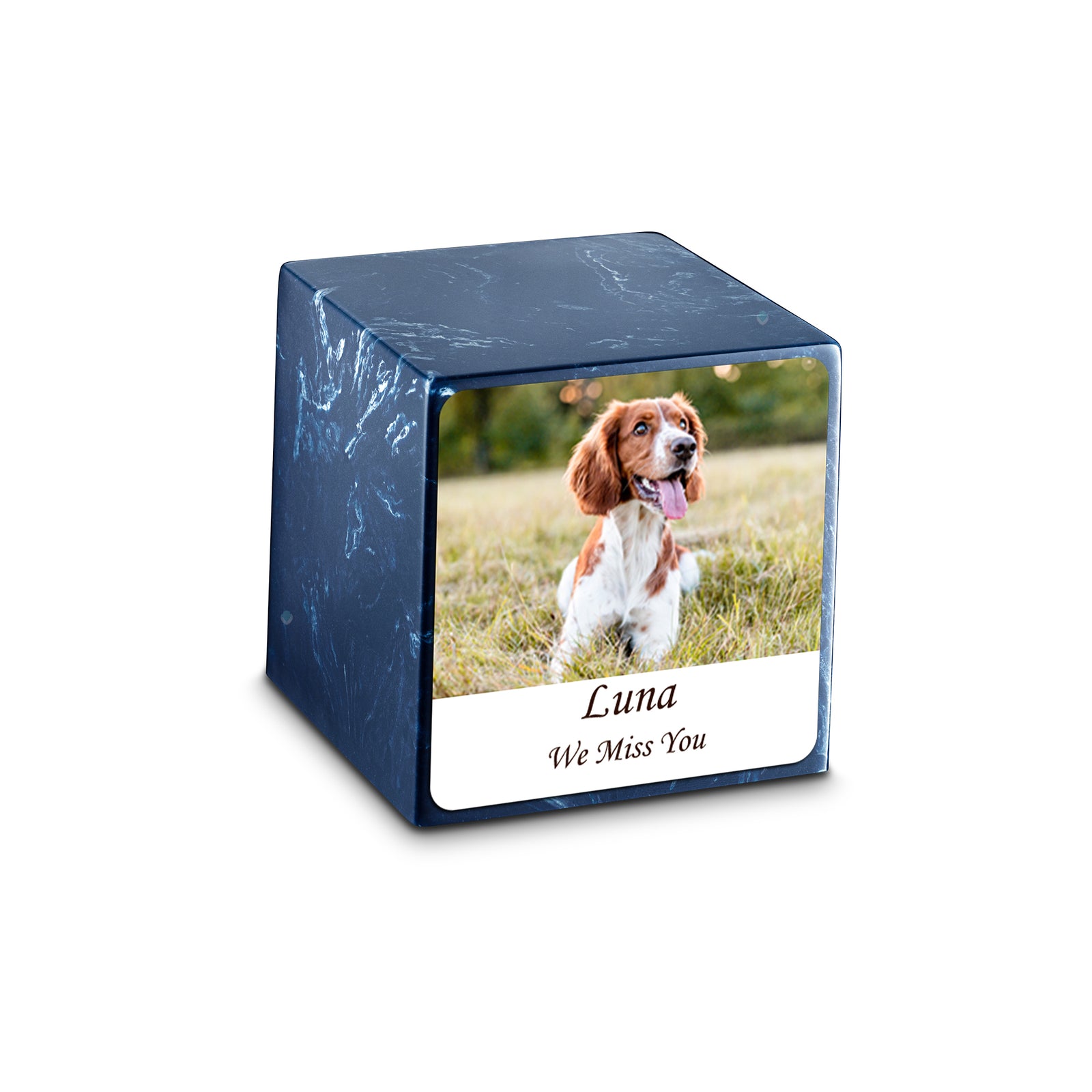 Small Cube Custom Pet Photo Navy Cultured Marble Pet Cremation Urn by MacKenzie