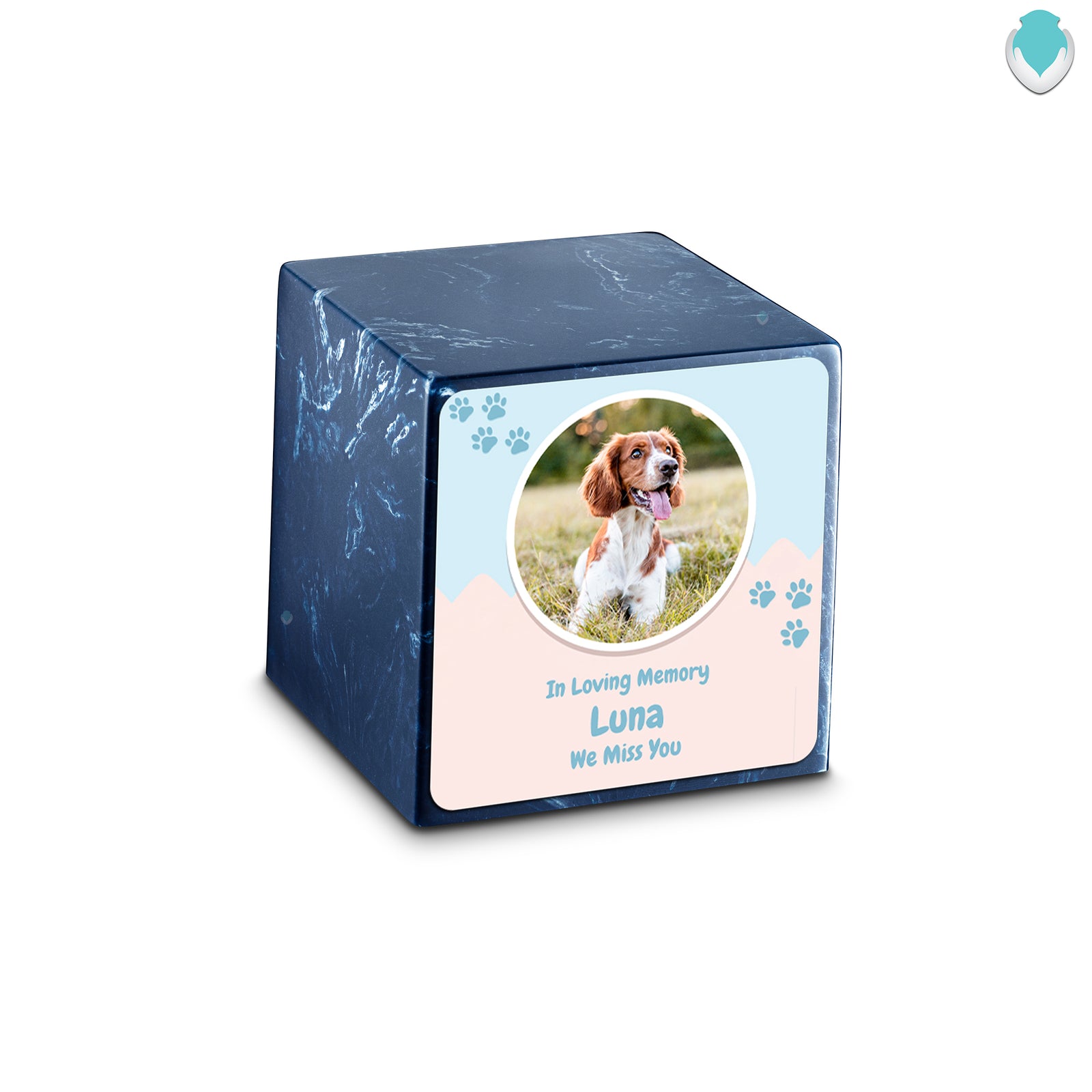 Small Cube Pet Portrait Navy Cultured Marble Pet Cremation Urn by MacKenzie