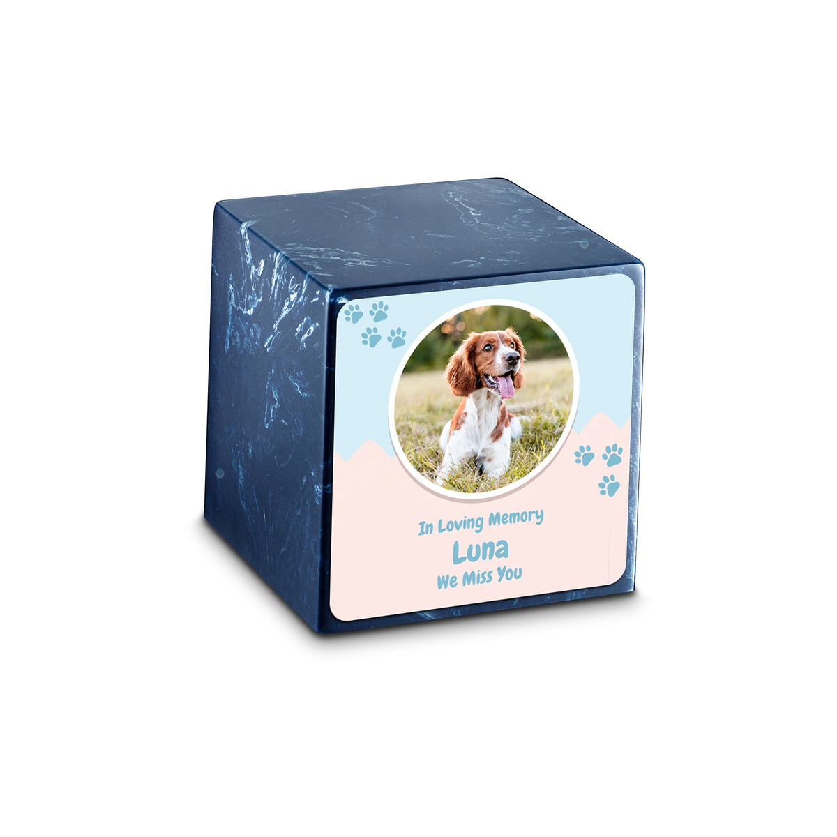 Small Cube Pet Portrait Navy Cultured Marble Pet Cremation Urn by MacKenzie