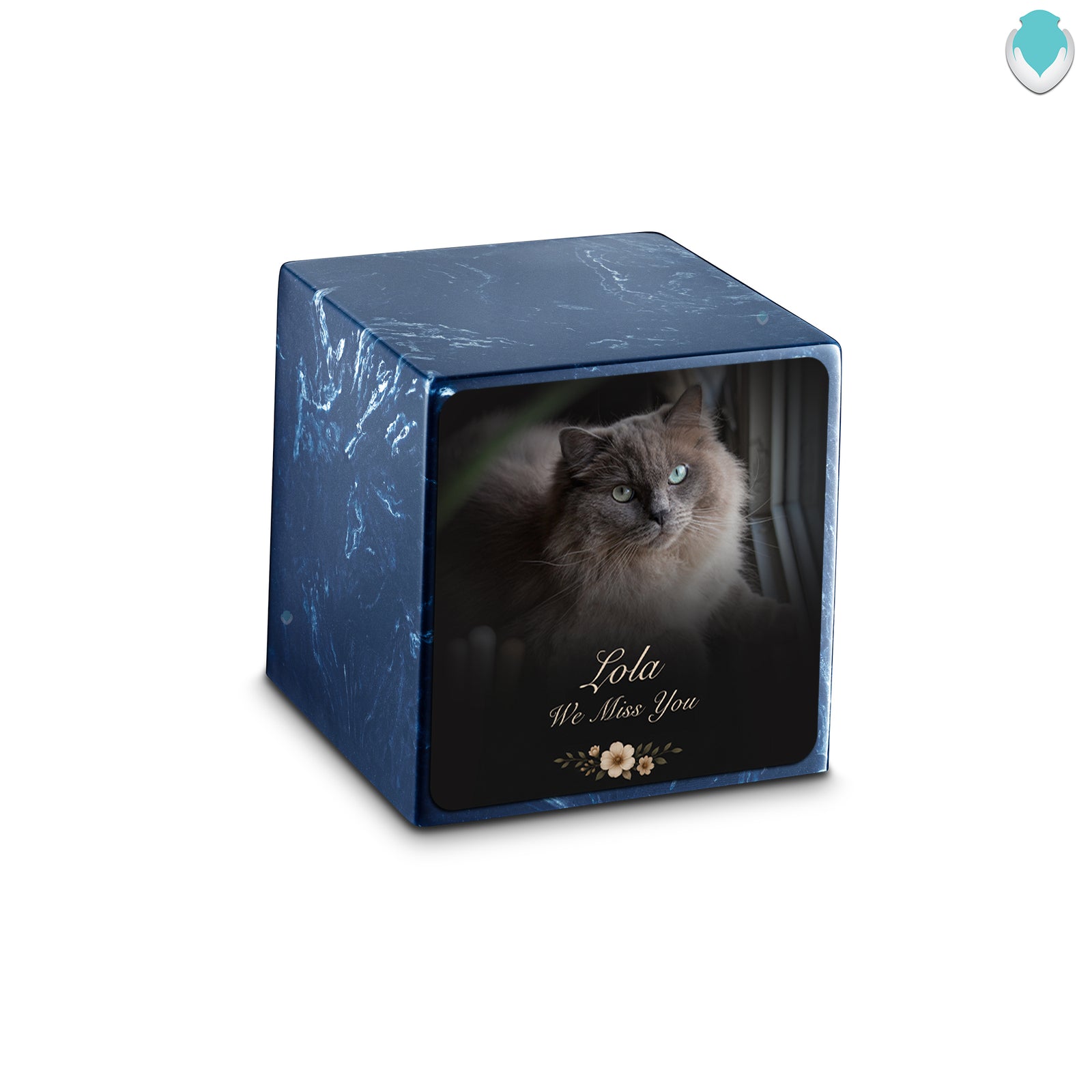 Small Cube Pet Portrait Photo Navy Cultured Marble Pet Cremation Urn by MacKenzie