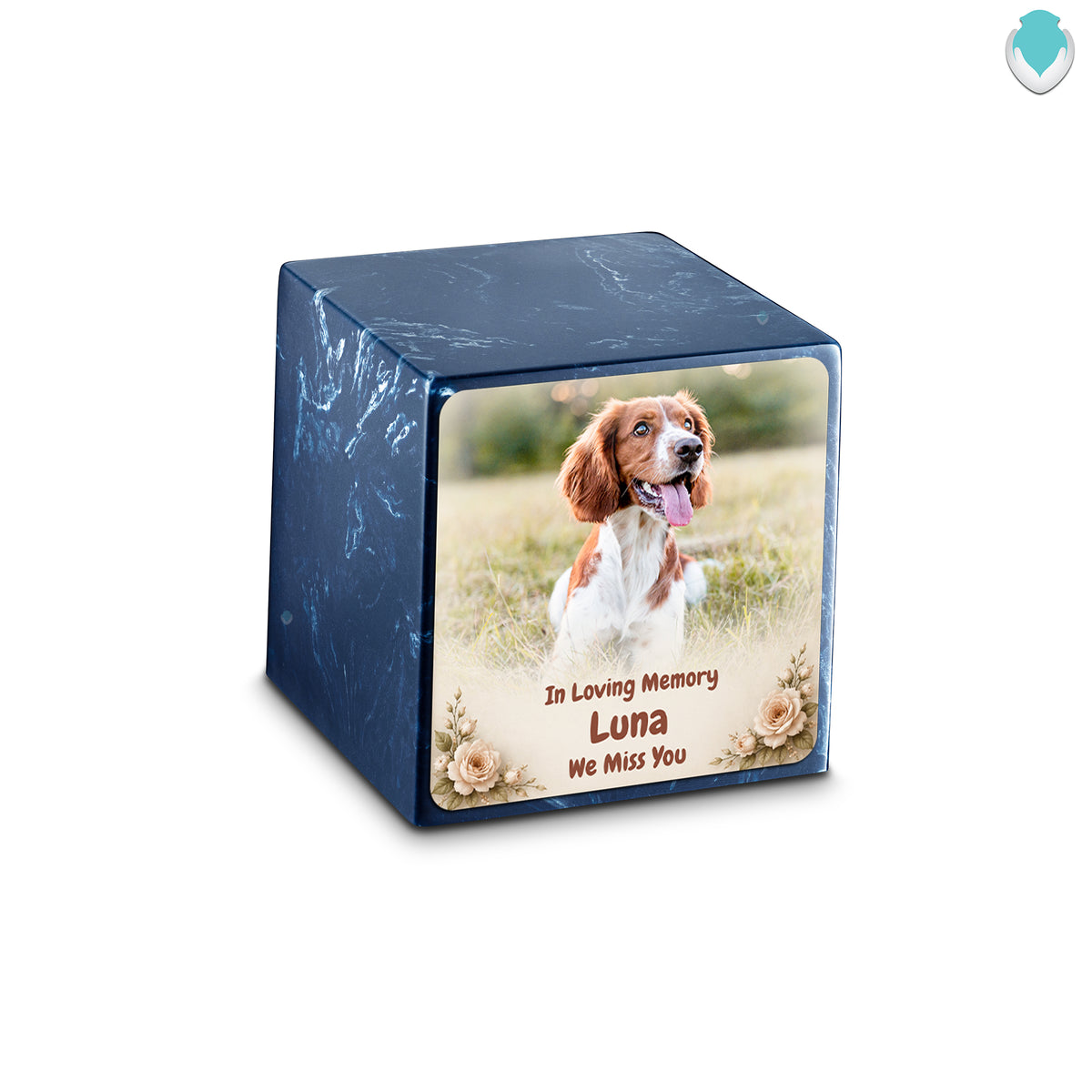 Small Cube Personalized Pet Photo Navy Cultured Marble Pet Cremation Urn by MacKenzie
