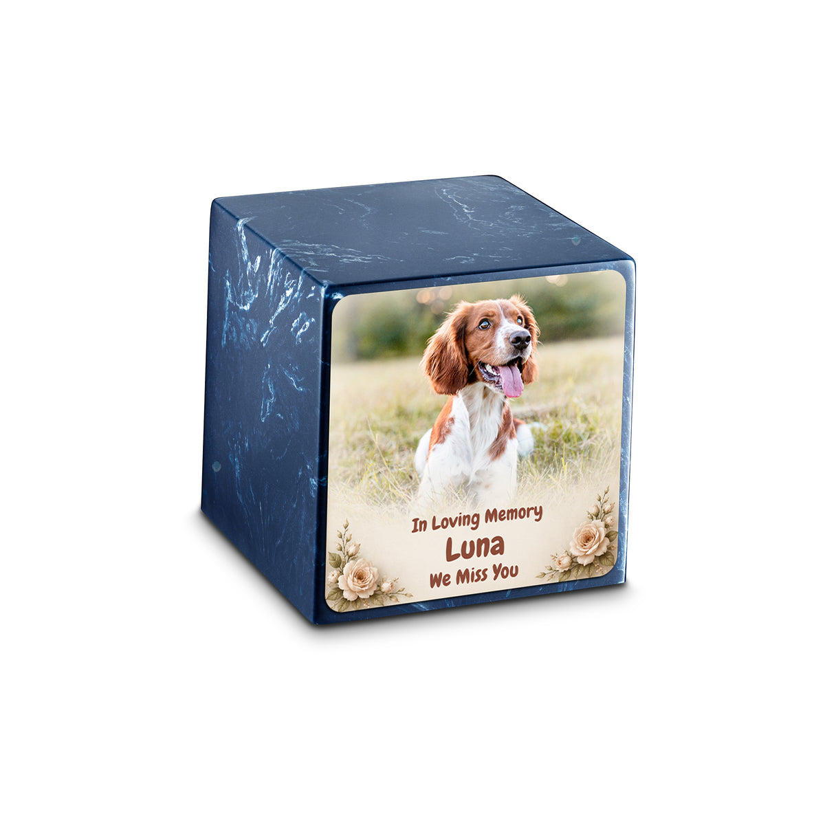 Small Cube Personalized Pet Photo Navy Cultured Marble Pet Cremation Urn by MacKenzie