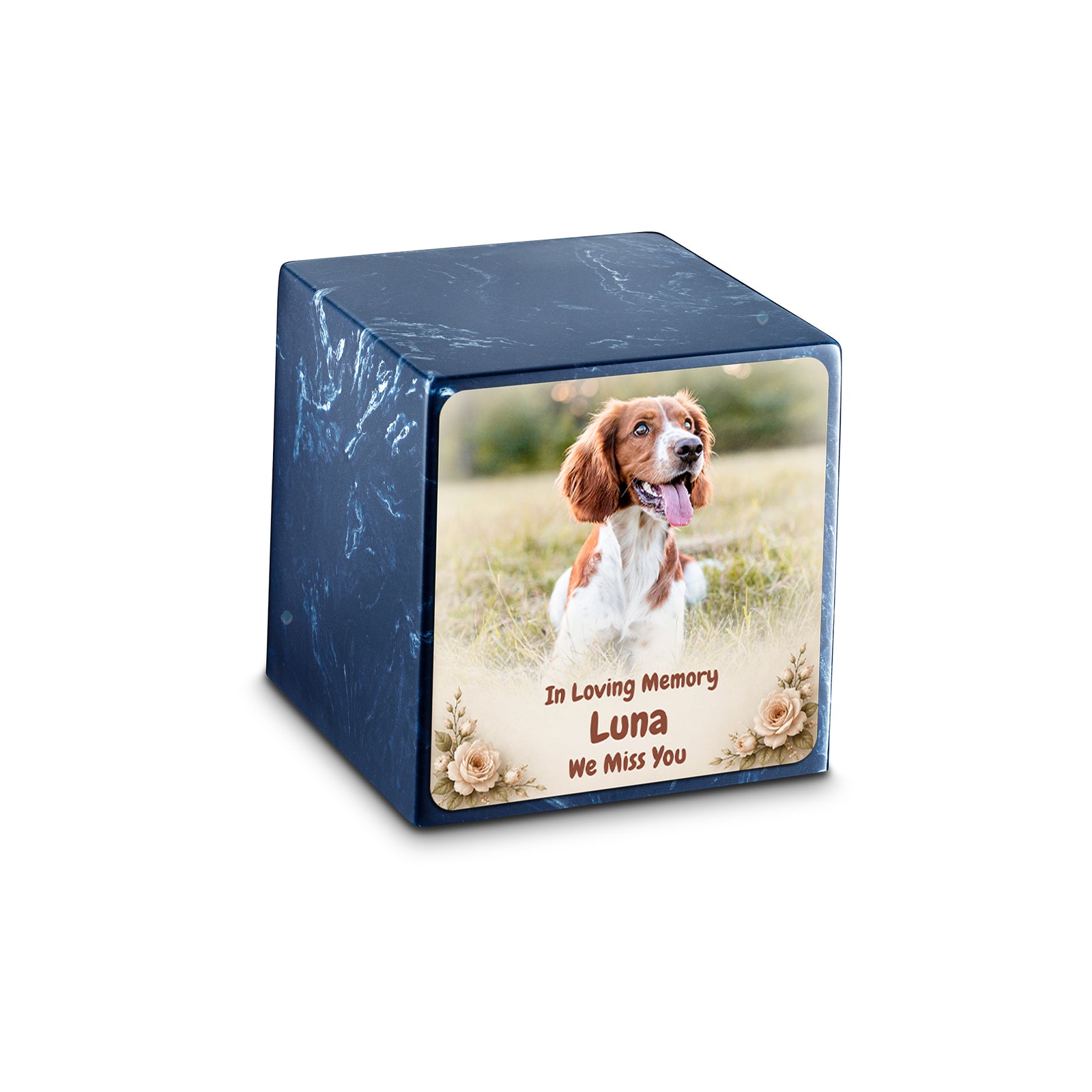 Small Cube Personalized Pet Photo Navy Cultured Marble Pet Cremation Urn by MacKenzie