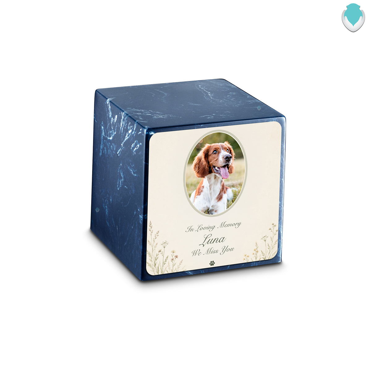 Small Cube Pet Portrait Tribute Navy Cultured Marble Pet Cremation Urn by MacKenzie