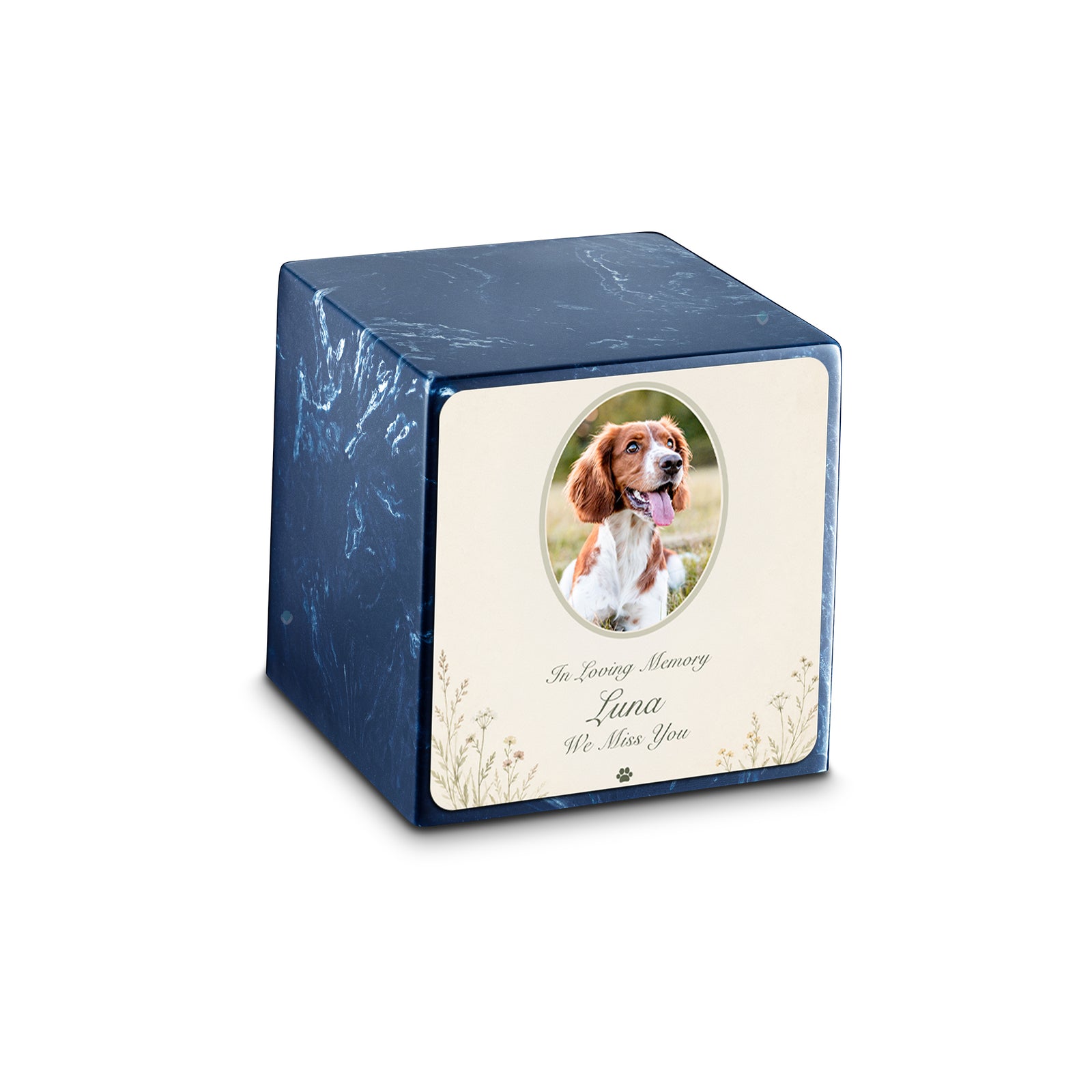 Small Cube Pet Portrait Tribute Navy Cultured Marble Pet Cremation Urn by MacKenzie