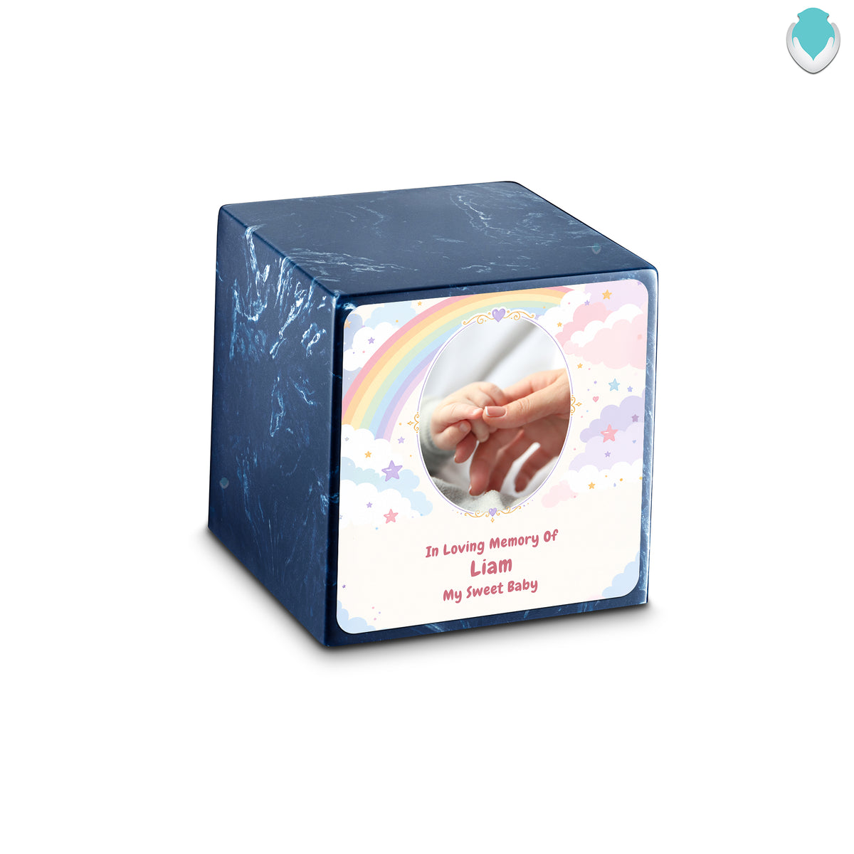 Small Cube Rainbow and Clouds Navy Cultured Marble Child Cremation Urn by MacKenzie