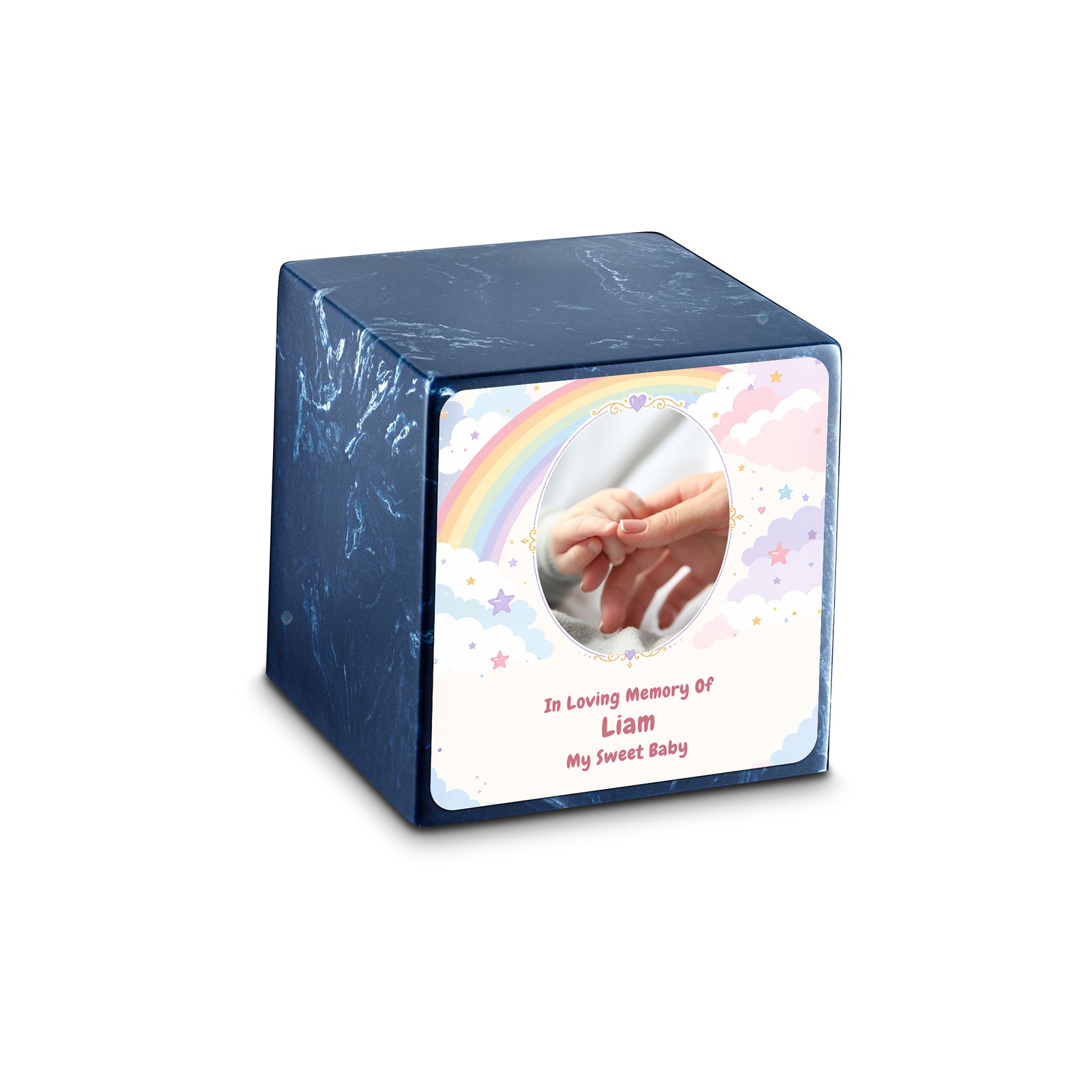 Small Cube Rainbow and Clouds Navy Cultured Marble Child Cremation Urn by MacKenzie
